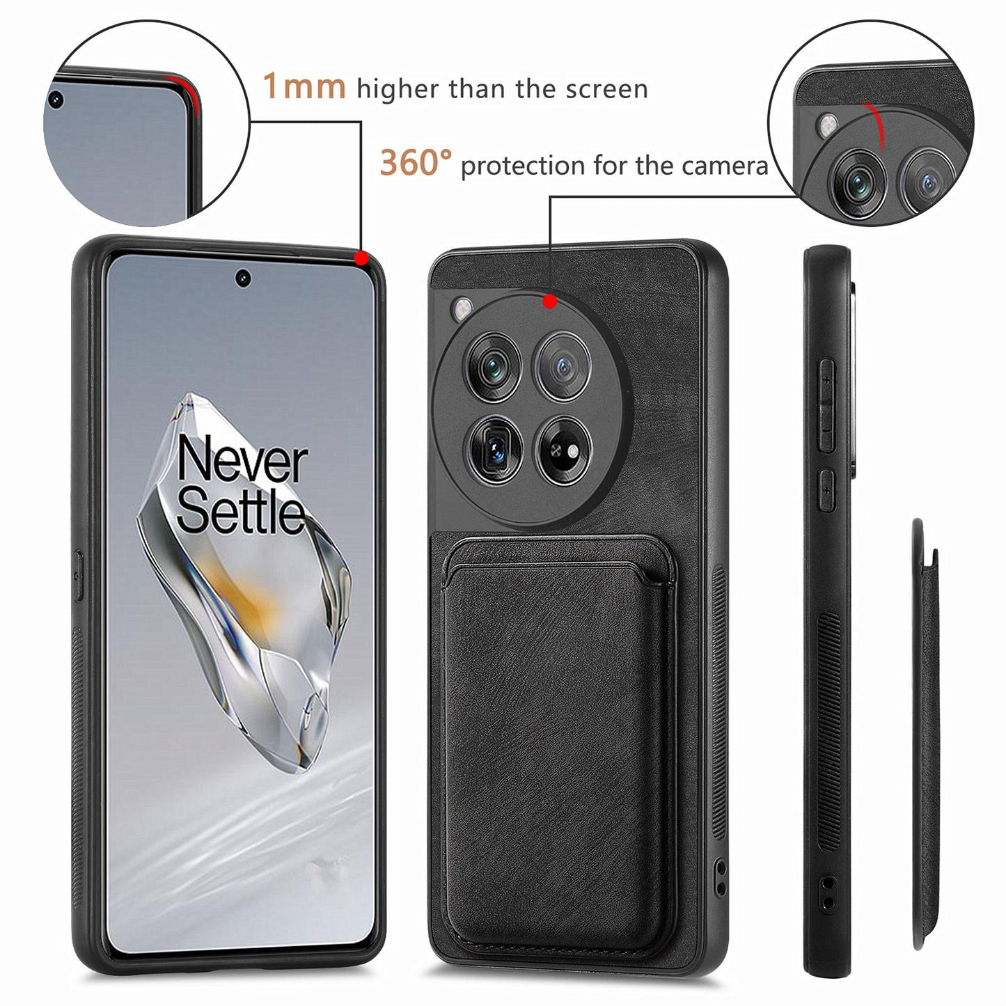 D12 For OnePlus 12 5G Case Vintage PU Leather+TPU Phone Cover with Magnetic Card Slot - Black