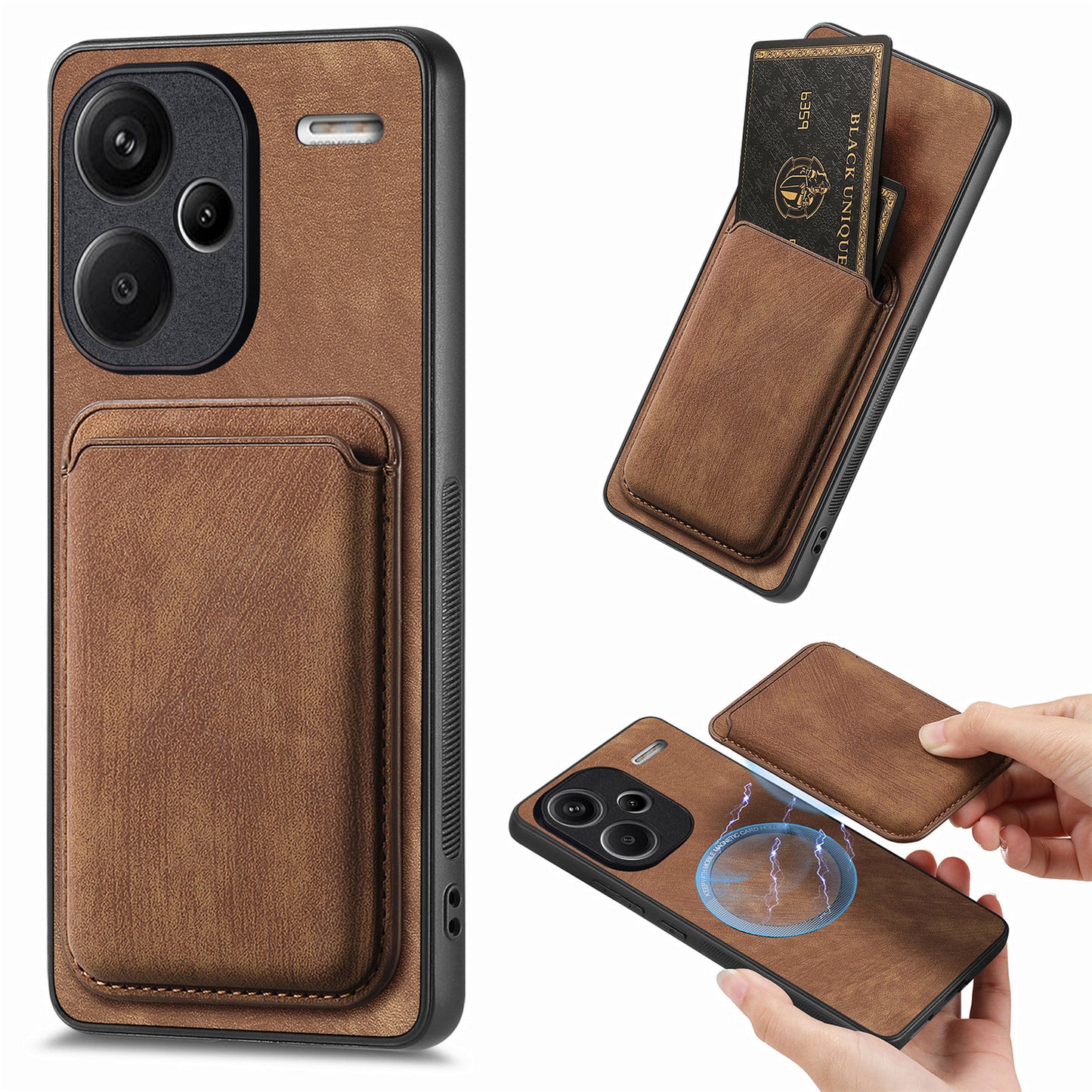 D12 For Xiaomi Redmi Note 13 Pro+ 5G Case Leather Vintage Phone Cover with Magnetic Card Holder - Brown