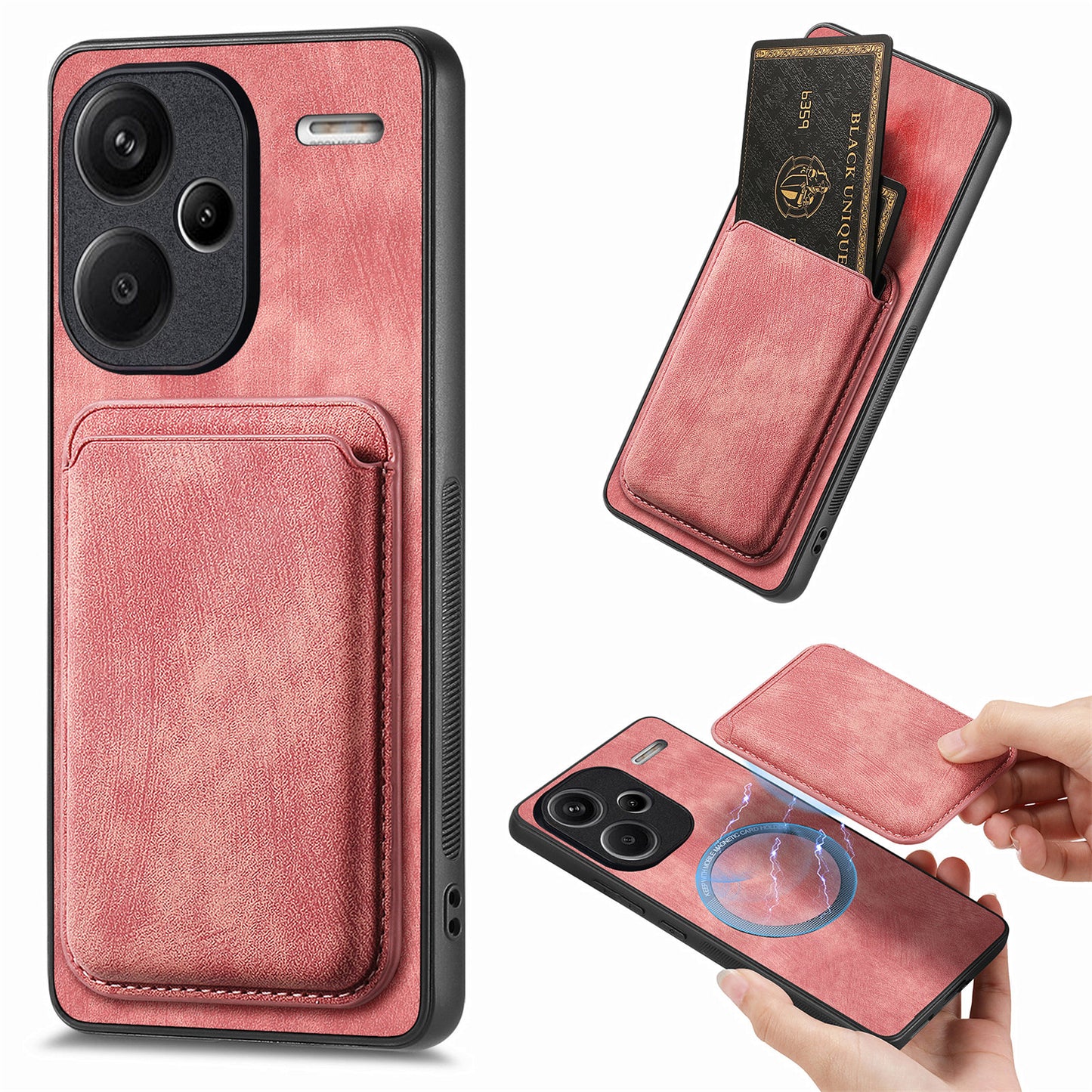 D12 For Xiaomi Redmi Note 13 Pro+ 5G Case Leather Vintage Phone Cover with Magnetic Card Holder - Pink