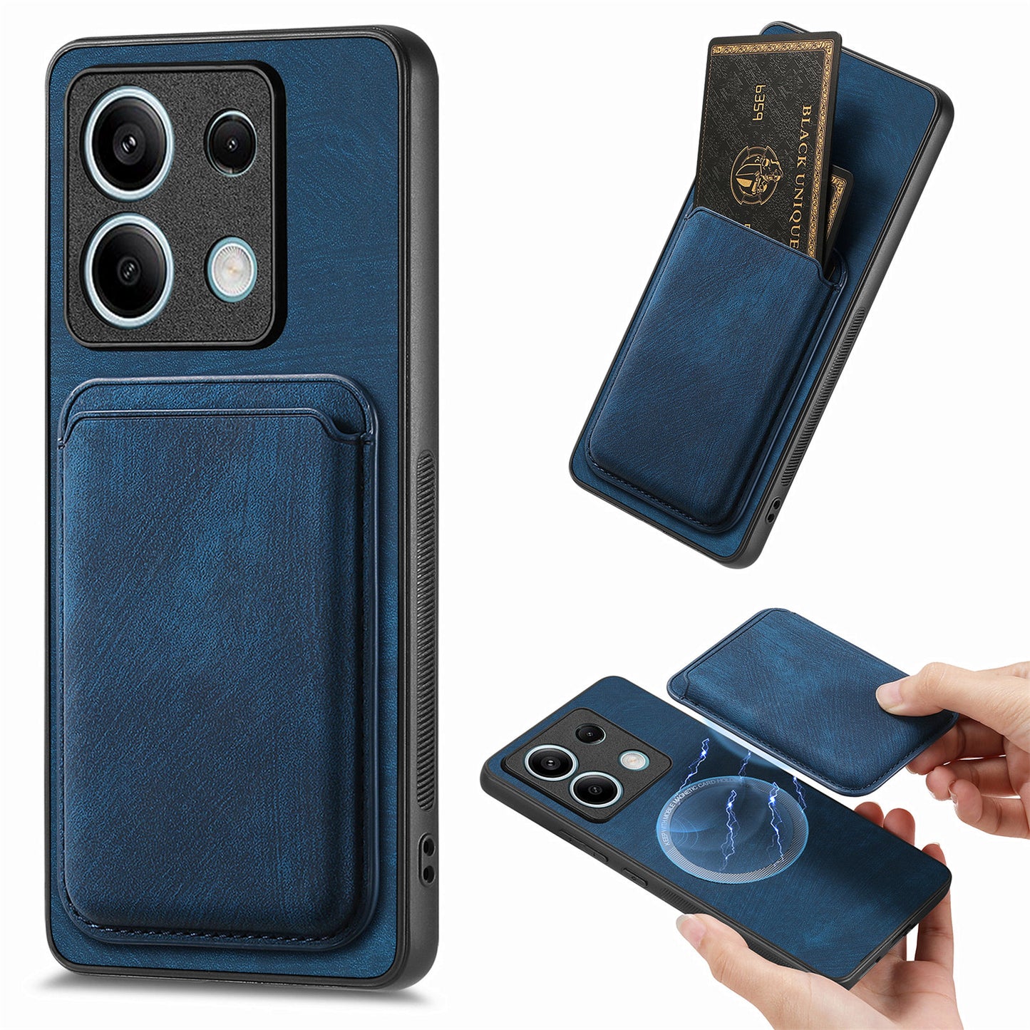 D12 For Xiaomi Redmi Note 13 5G Phone Case Magnetic Card Holder Vintage Leather Cover - Blue