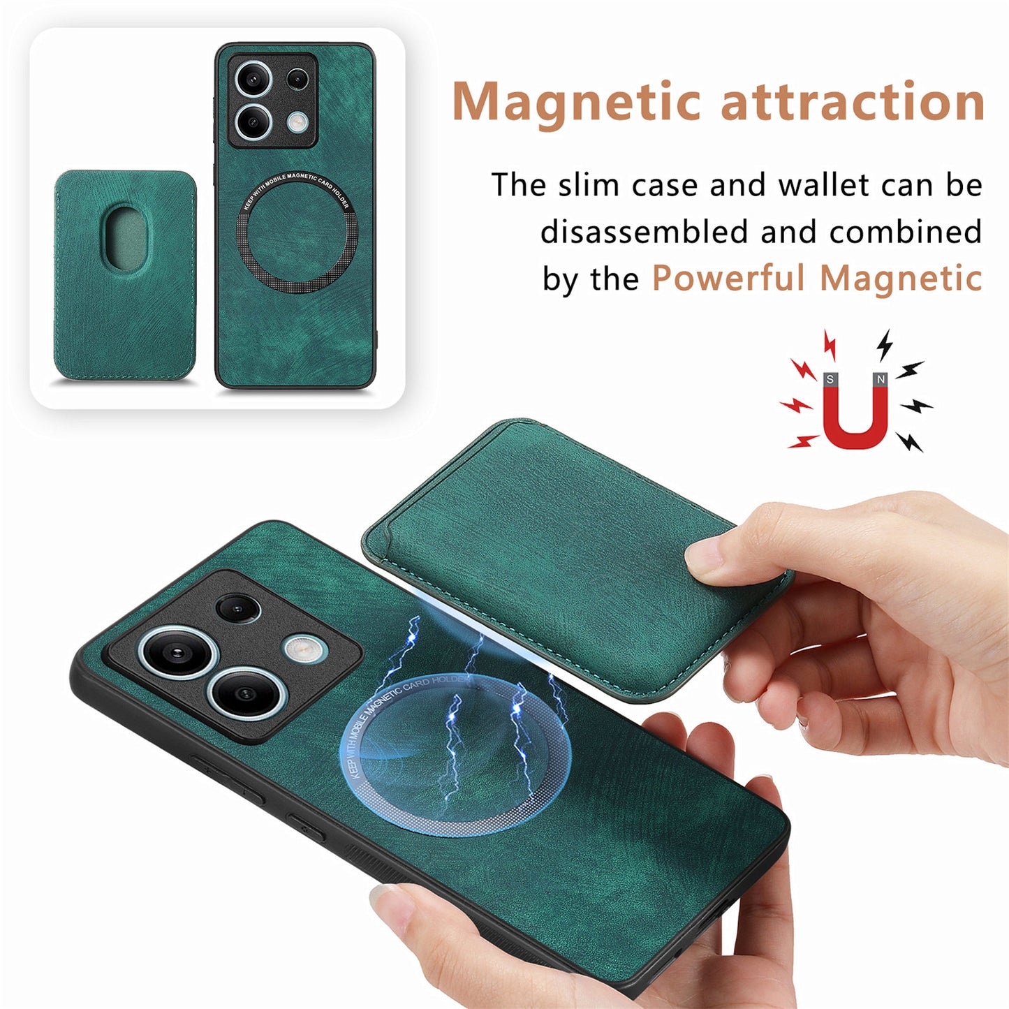 D12 For Xiaomi Redmi Note 13 5G Phone Case Magnetic Card Holder Vintage Leather Cover - Green