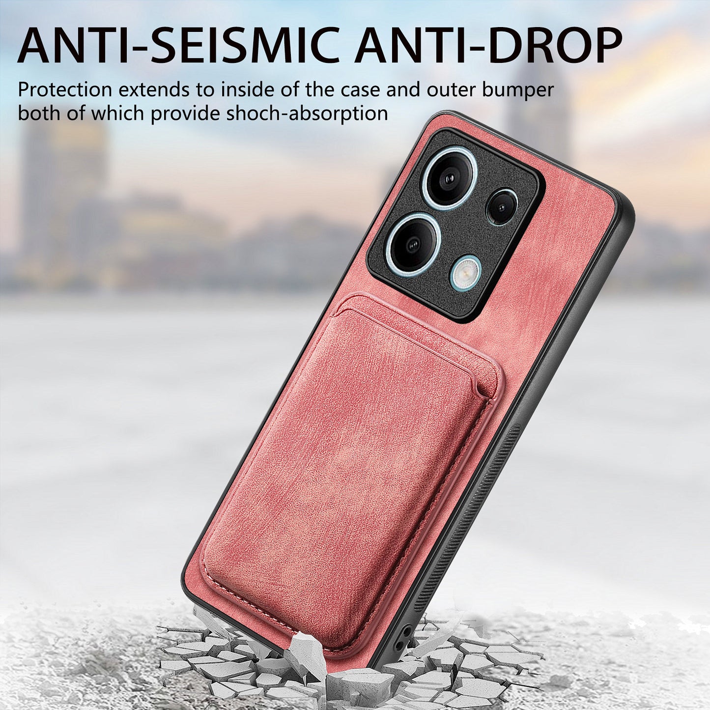 D12 For Xiaomi Redmi Note 13 5G Phone Case Magnetic Card Holder Vintage Leather Cover - Pink