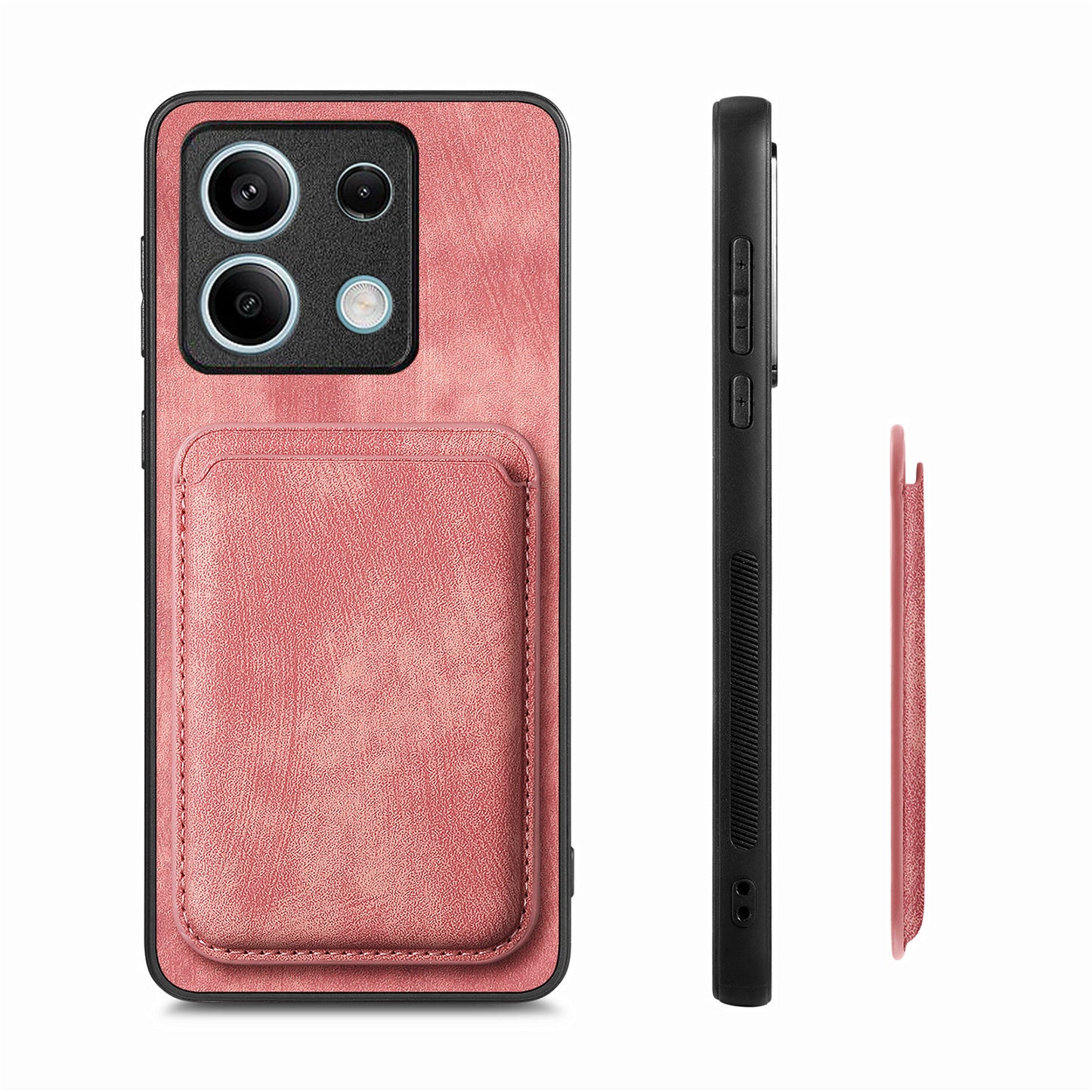 D12 For Xiaomi Redmi Note 13 5G Phone Case Magnetic Card Holder Vintage Leather Cover - Pink