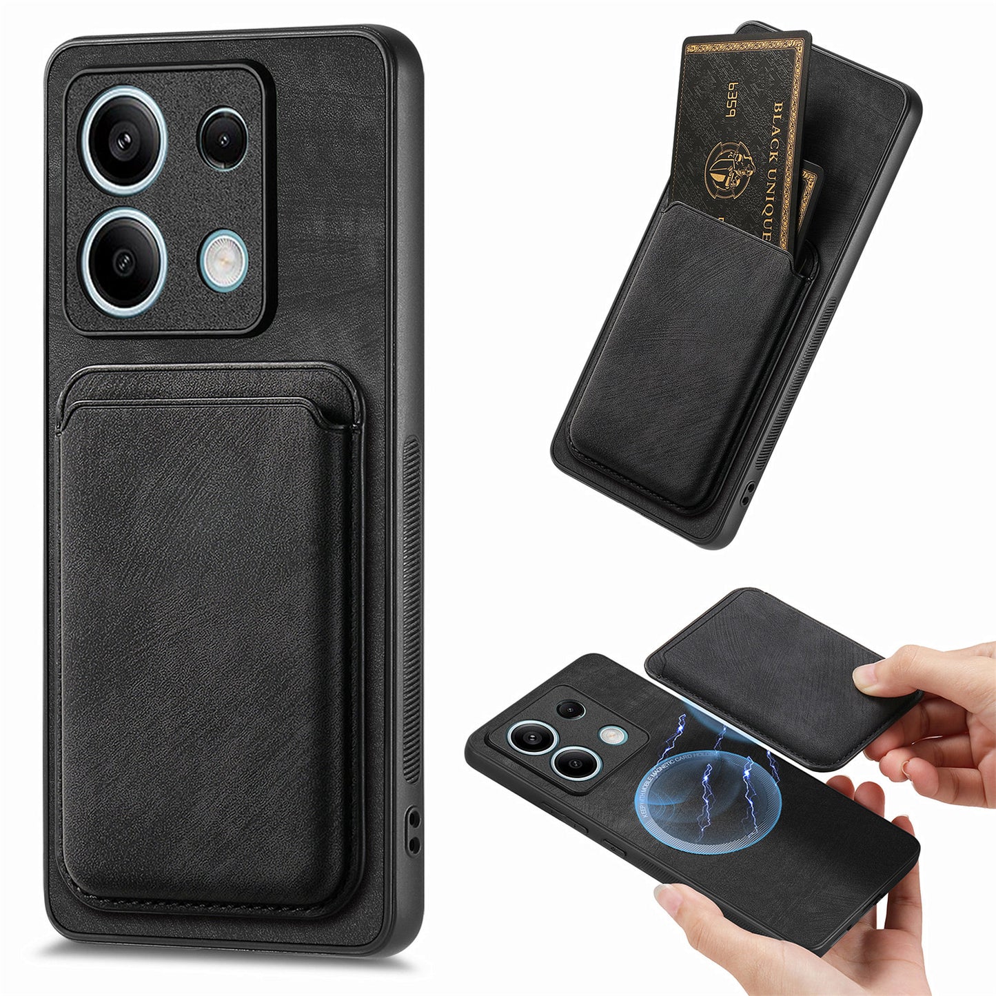 D12 For Xiaomi Redmi Note 13 5G Phone Case Magnetic Card Holder Vintage Leather Cover - Black