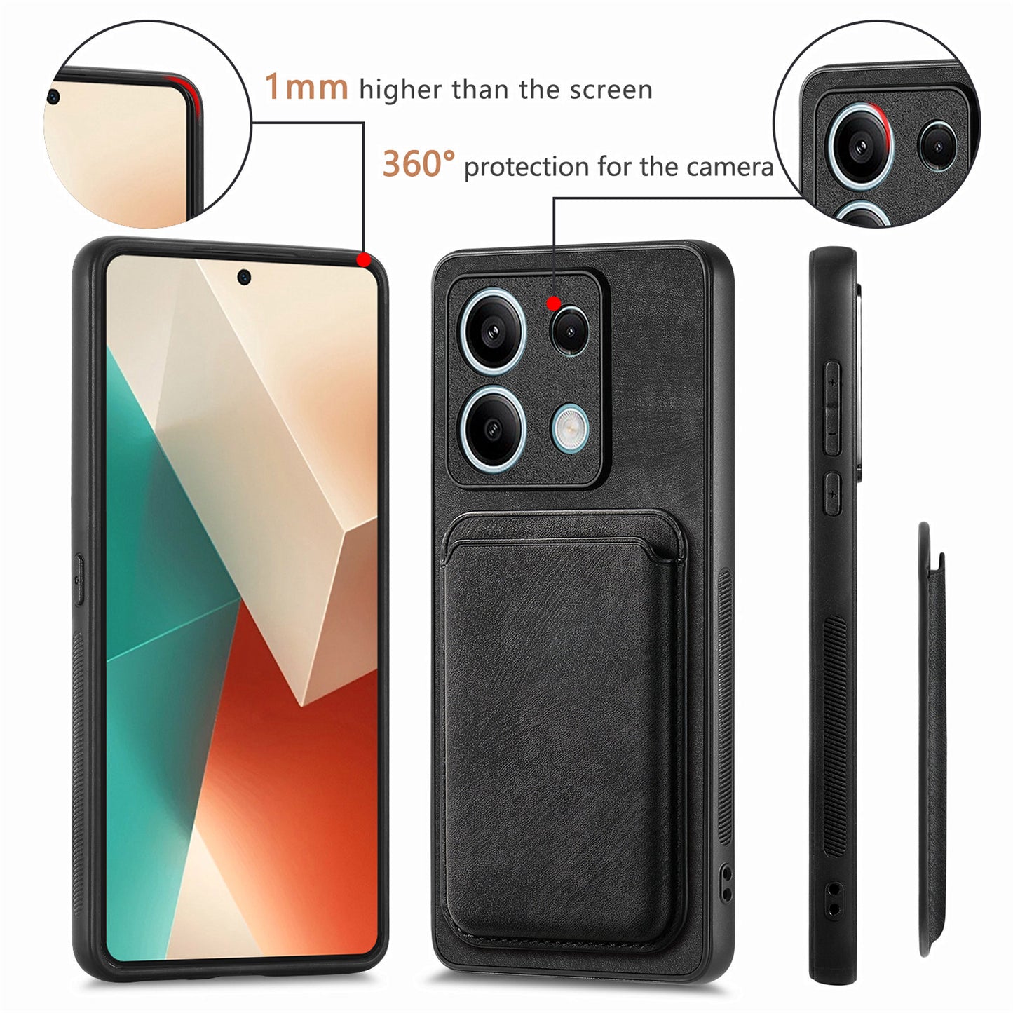 D12 For Xiaomi Redmi Note 13 5G Phone Case Magnetic Card Holder Vintage Leather Cover - Black
