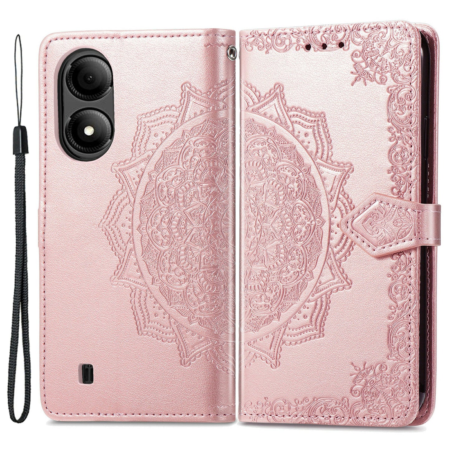 For ZTE Blade A33S PU Leather Case Embossed Mandala Stand Wallet Phone Cover - Rose Gold