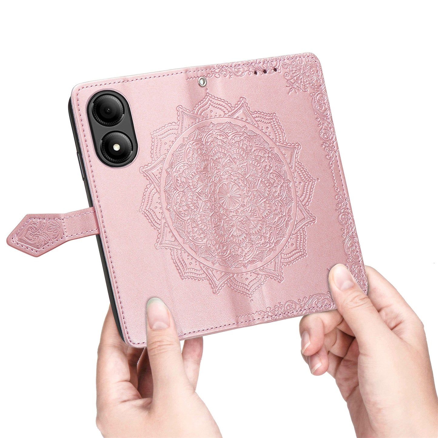 For ZTE Blade A33S PU Leather Case Embossed Mandala Stand Wallet Phone Cover - Rose Gold