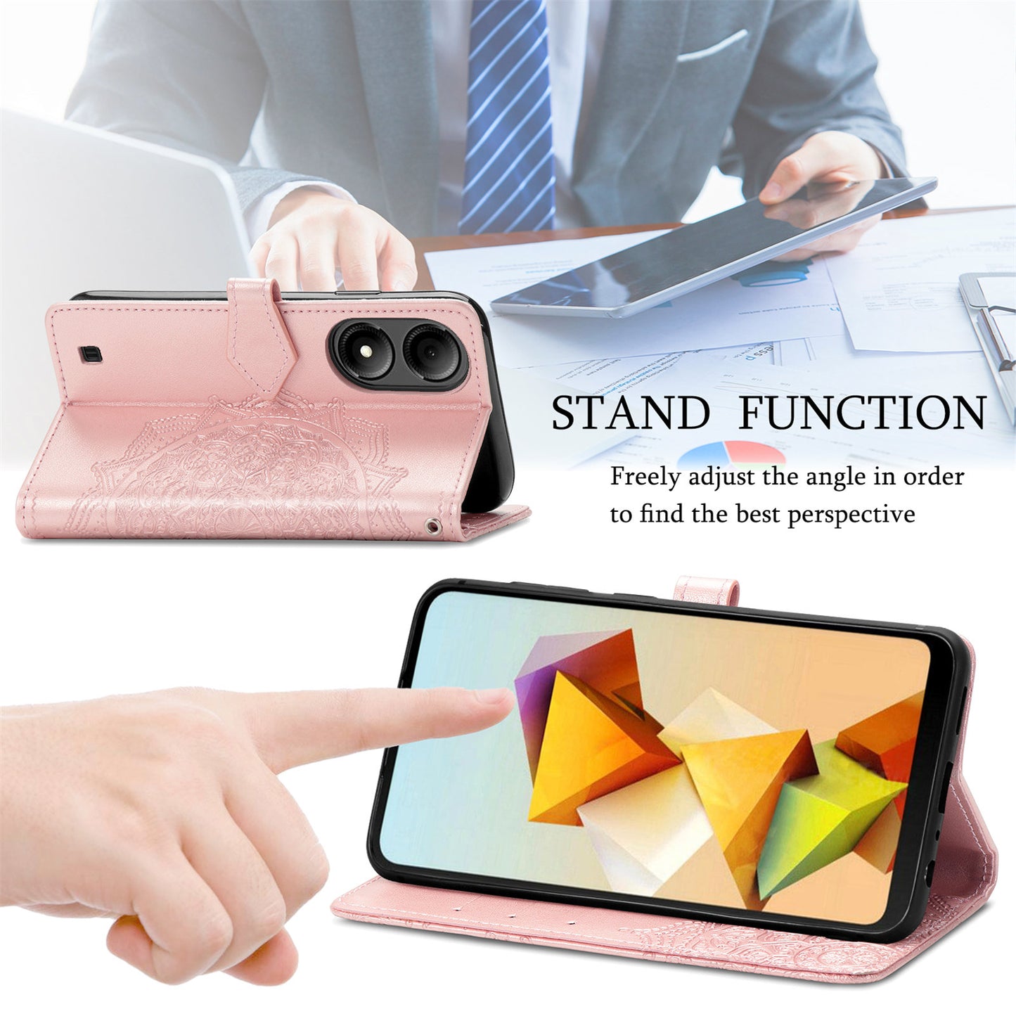 For ZTE Blade A33S PU Leather Case Embossed Mandala Stand Wallet Phone Cover - Rose Gold