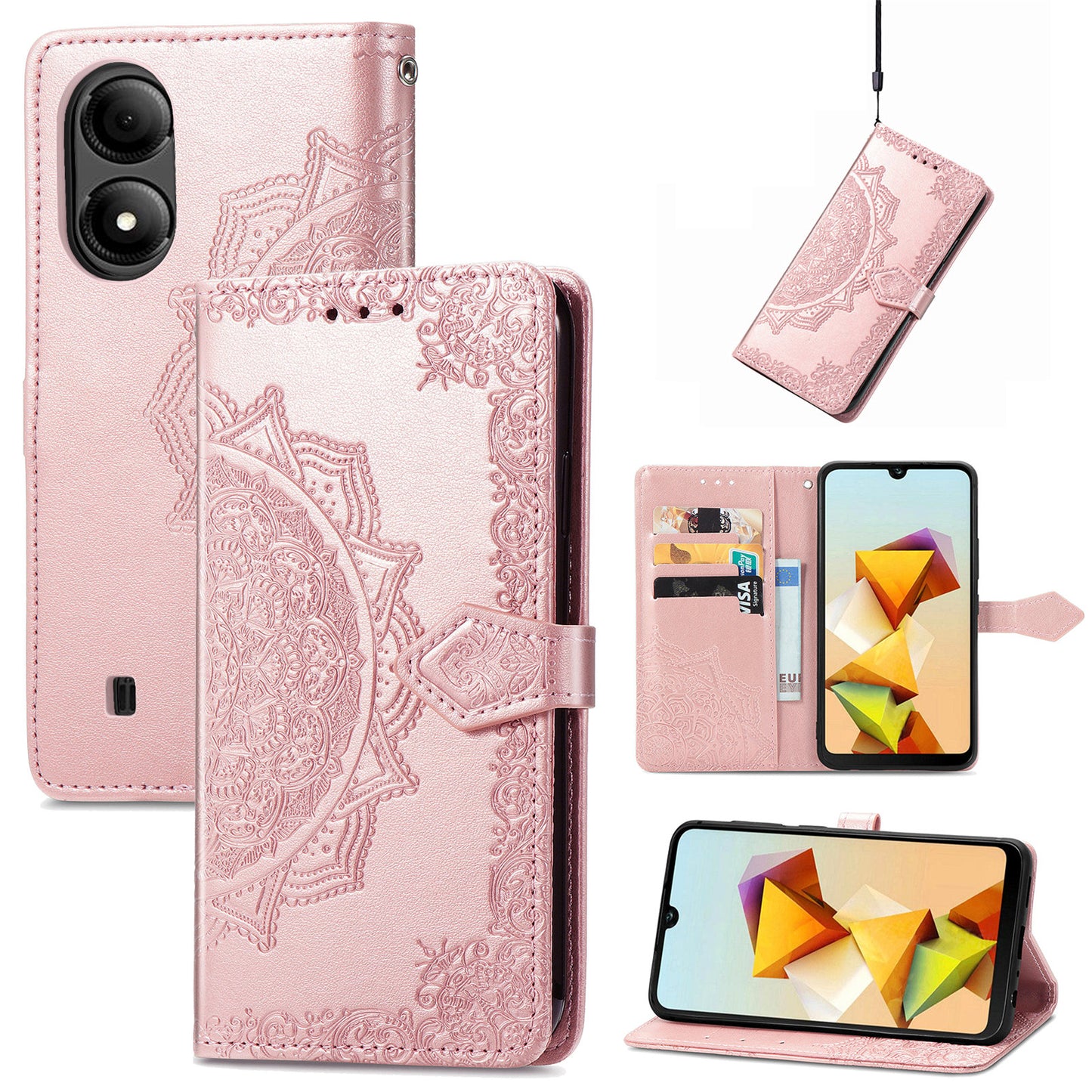 For ZTE Blade A33S PU Leather Case Embossed Mandala Stand Wallet Phone Cover - Rose Gold