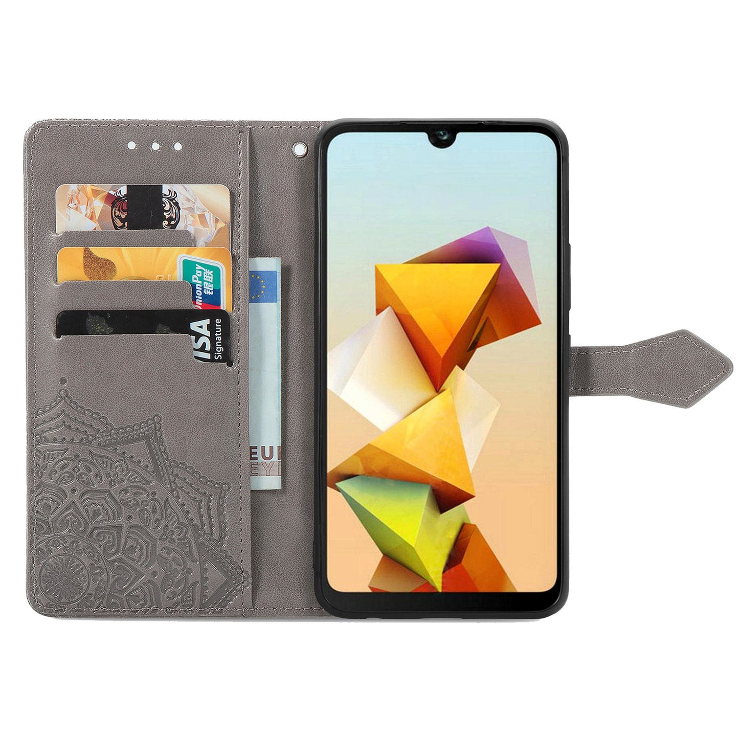 For ZTE Blade A33S PU Leather Case Embossed Mandala Stand Wallet Phone Cover - Grey