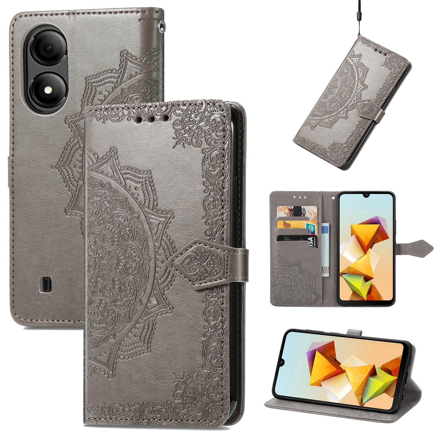 For ZTE Blade A33S PU Leather Case Embossed Mandala Stand Wallet Phone Cover - Grey