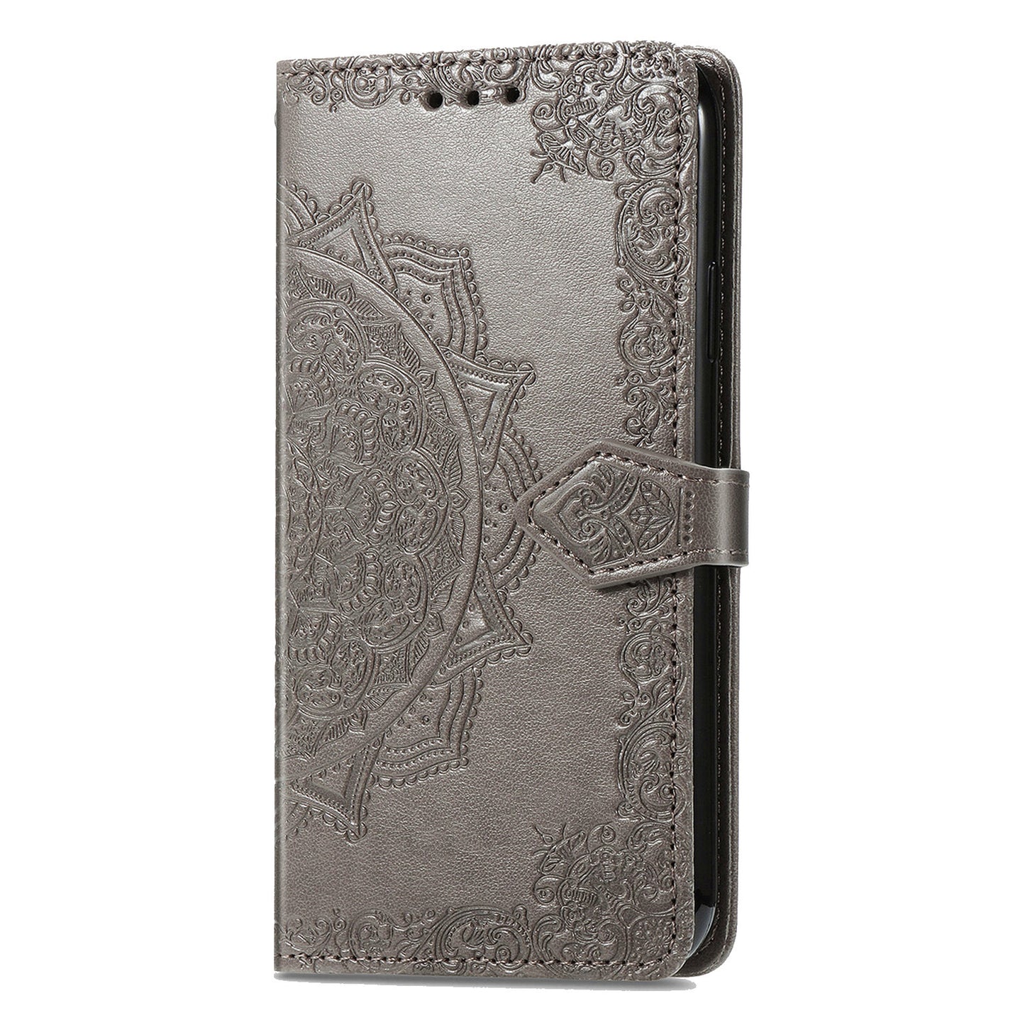 For ZTE Blade A33S PU Leather Case Embossed Mandala Stand Wallet Phone Cover - Grey