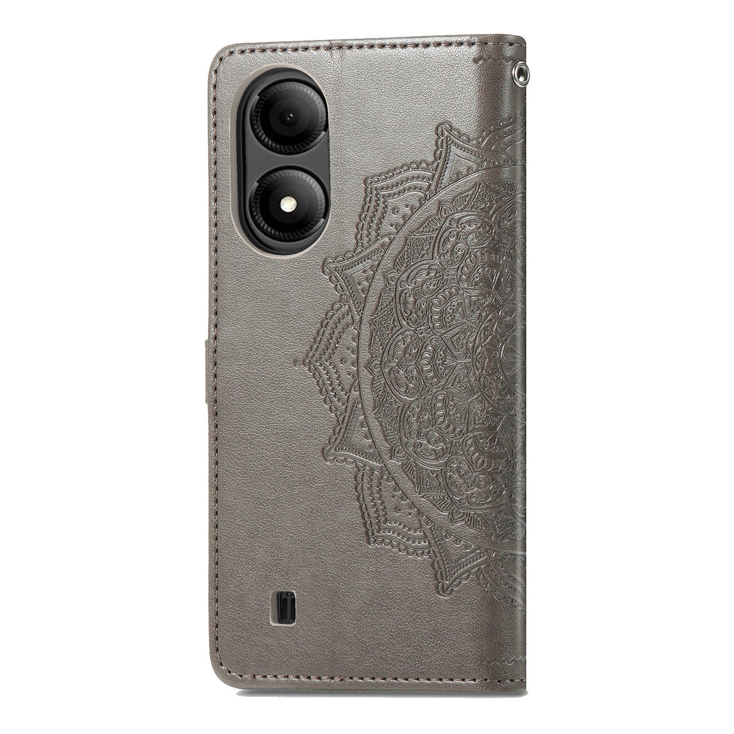 For ZTE Blade A33S PU Leather Case Embossed Mandala Stand Wallet Phone Cover - Grey
