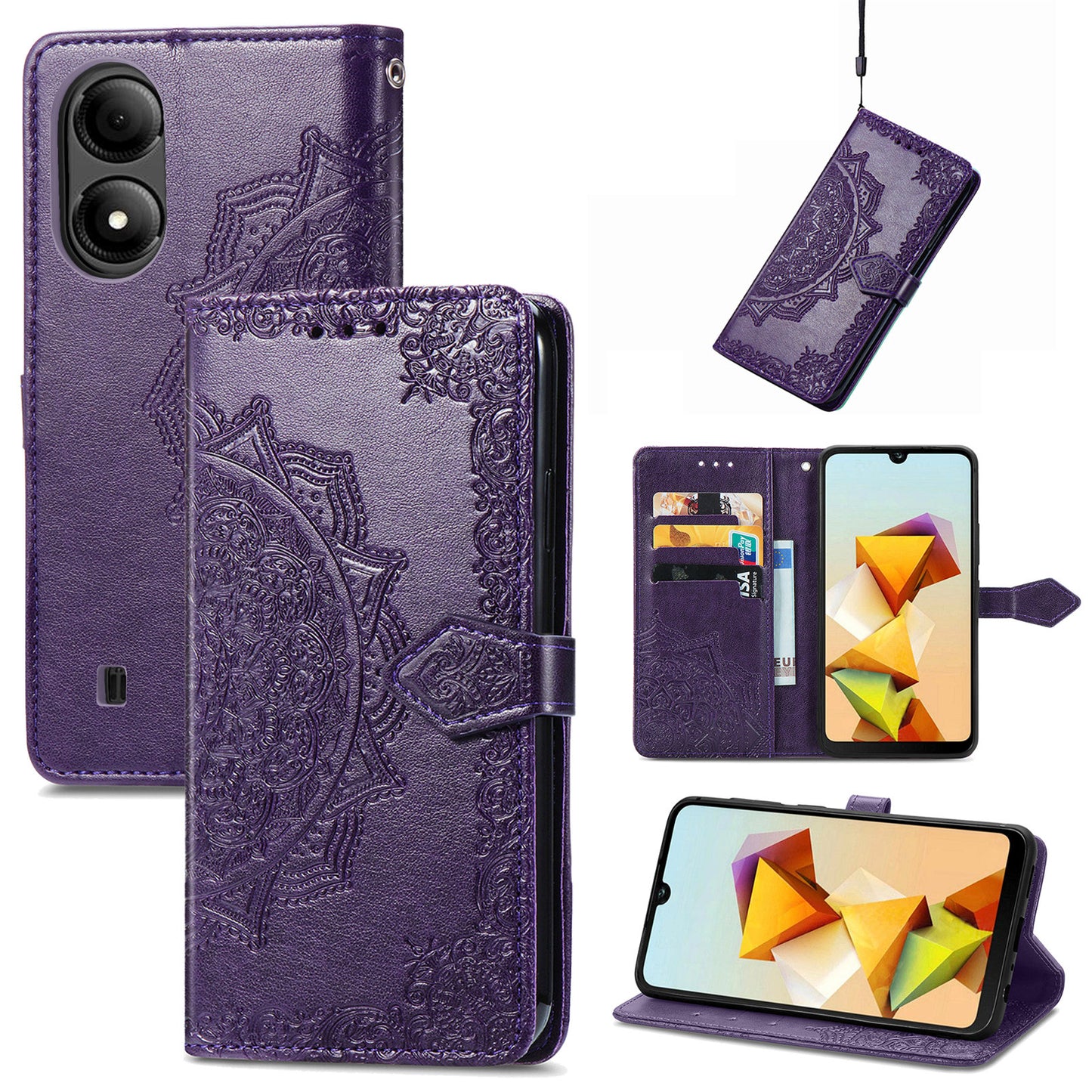 For ZTE Blade A33S PU Leather Case Embossed Mandala Stand Wallet Phone Cover - Purple