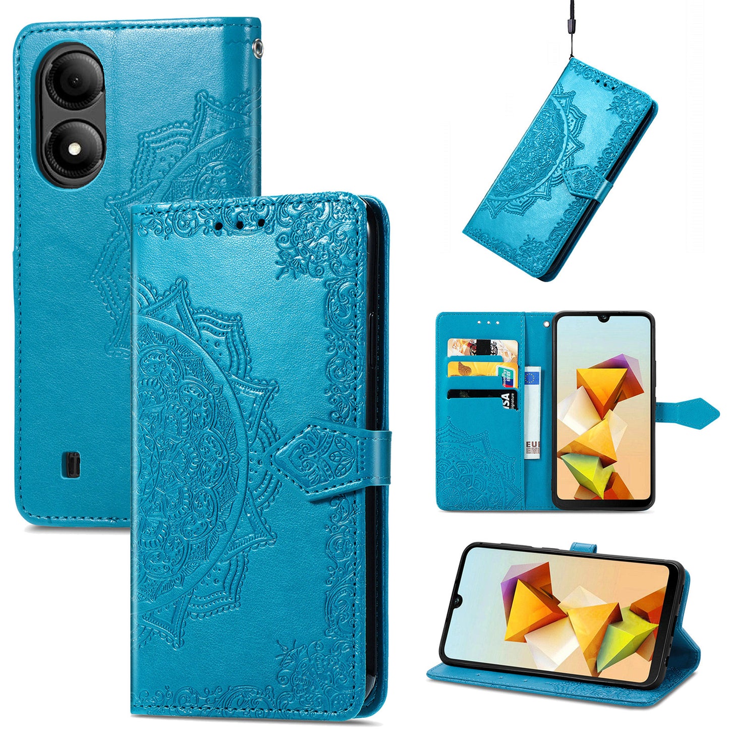 For ZTE Blade A33S PU Leather Case Embossed Mandala Stand Wallet Phone Cover - Blue