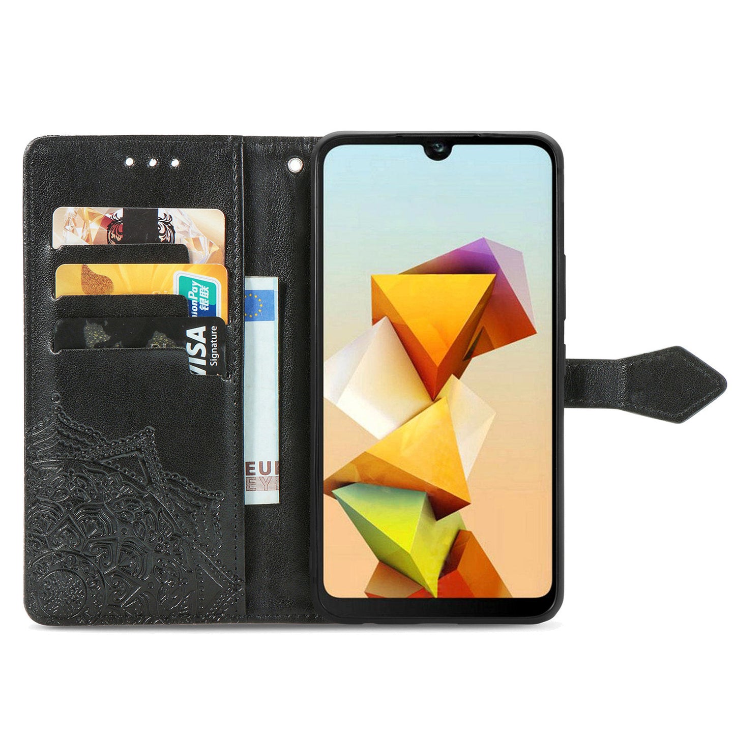 For ZTE Blade A33S PU Leather Case Embossed Mandala Stand Wallet Phone Cover - Black