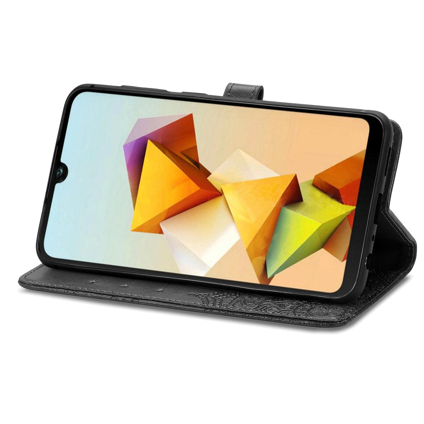 For ZTE Blade A33S PU Leather Case Embossed Mandala Stand Wallet Phone Cover - Black
