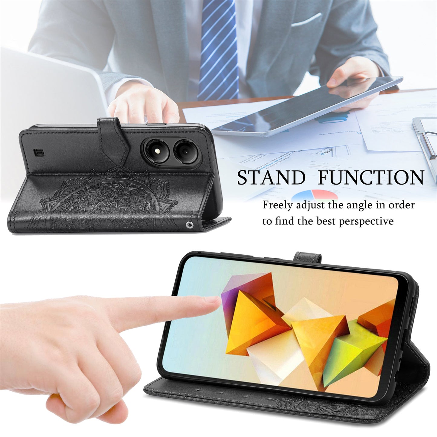 For ZTE Blade A33S PU Leather Case Embossed Mandala Stand Wallet Phone Cover - Black