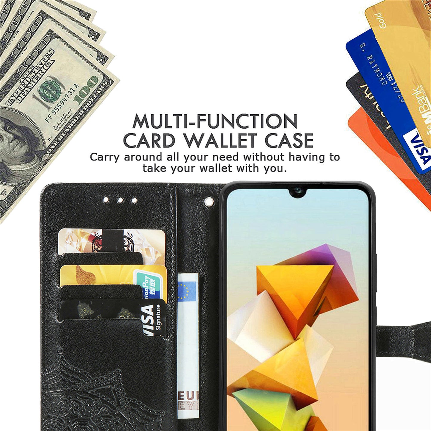 For ZTE Blade A33S PU Leather Case Embossed Mandala Stand Wallet Phone Cover - Black