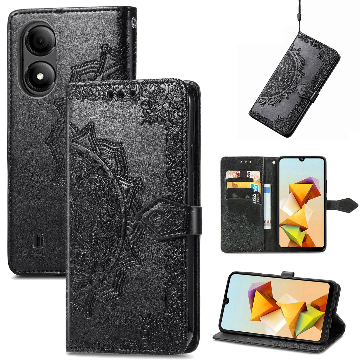 For ZTE Blade A33S PU Leather Case Embossed Mandala Stand Wallet Phone Cover - Black