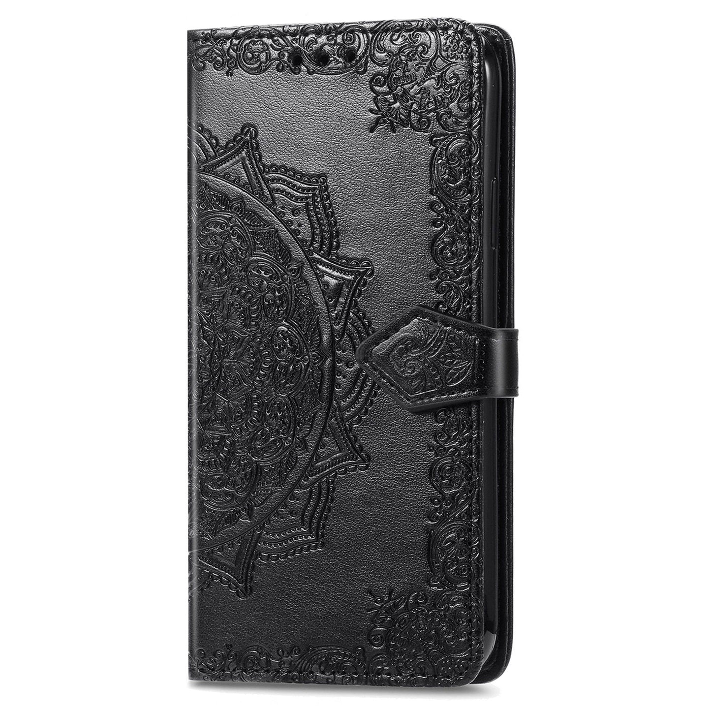 For ZTE Blade A33S PU Leather Case Embossed Mandala Stand Wallet Phone Cover - Black