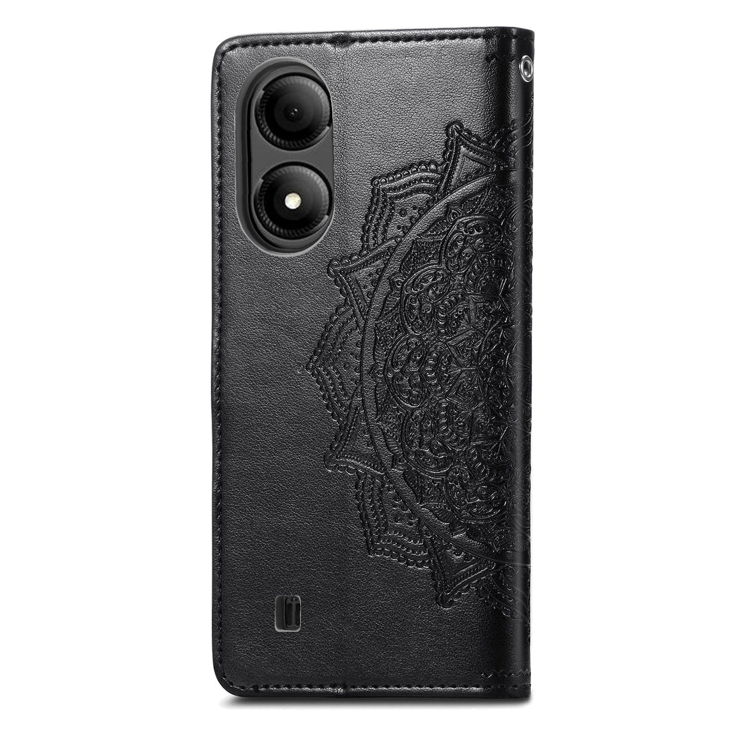 For ZTE Blade A33S PU Leather Case Embossed Mandala Stand Wallet Phone Cover - Black