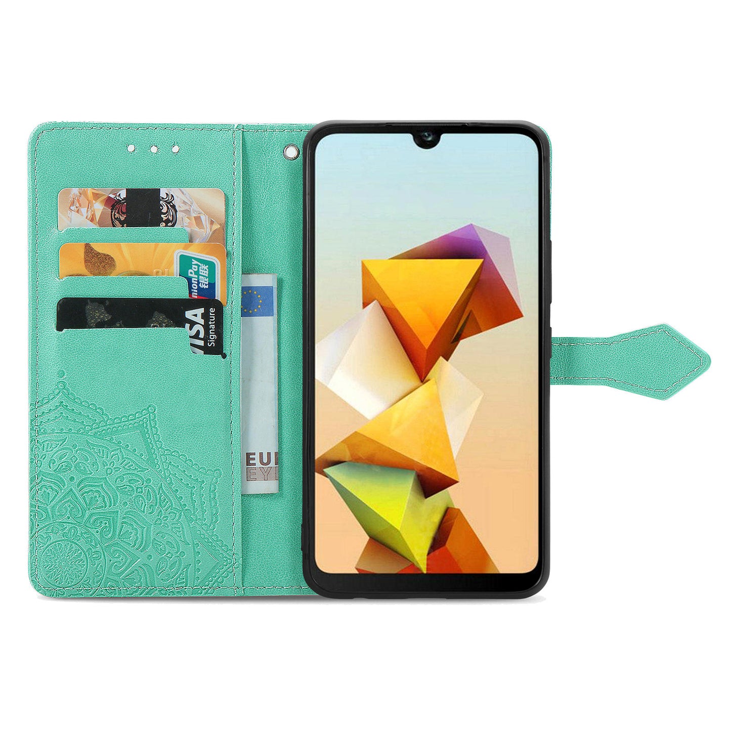 For ZTE Blade A33S PU Leather Case Embossed Mandala Stand Wallet Phone Cover - Mint Green
