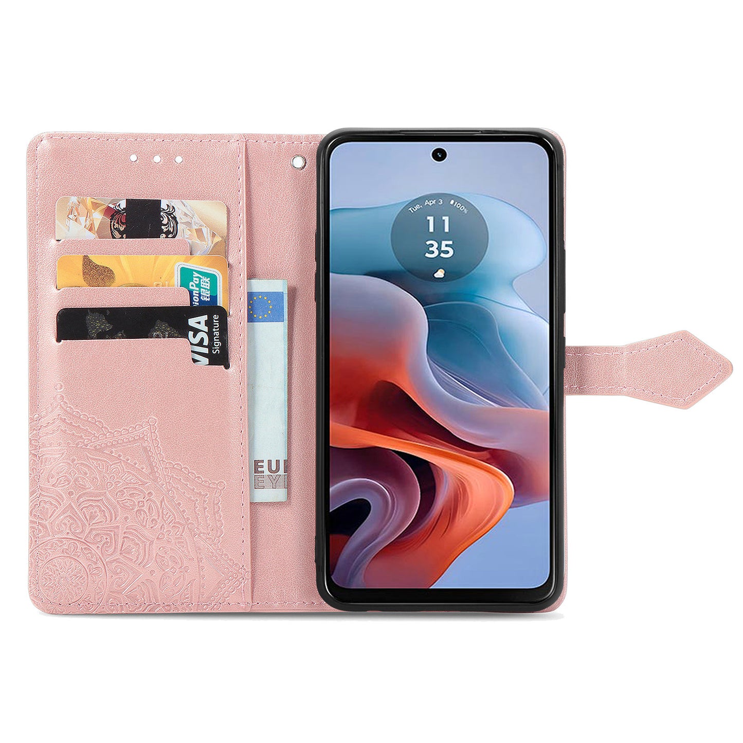 For Motorola Moto G34 5G Cell Phone Cover Emboss Mandala Flower PU Leather Wallet Case - Rose Gold