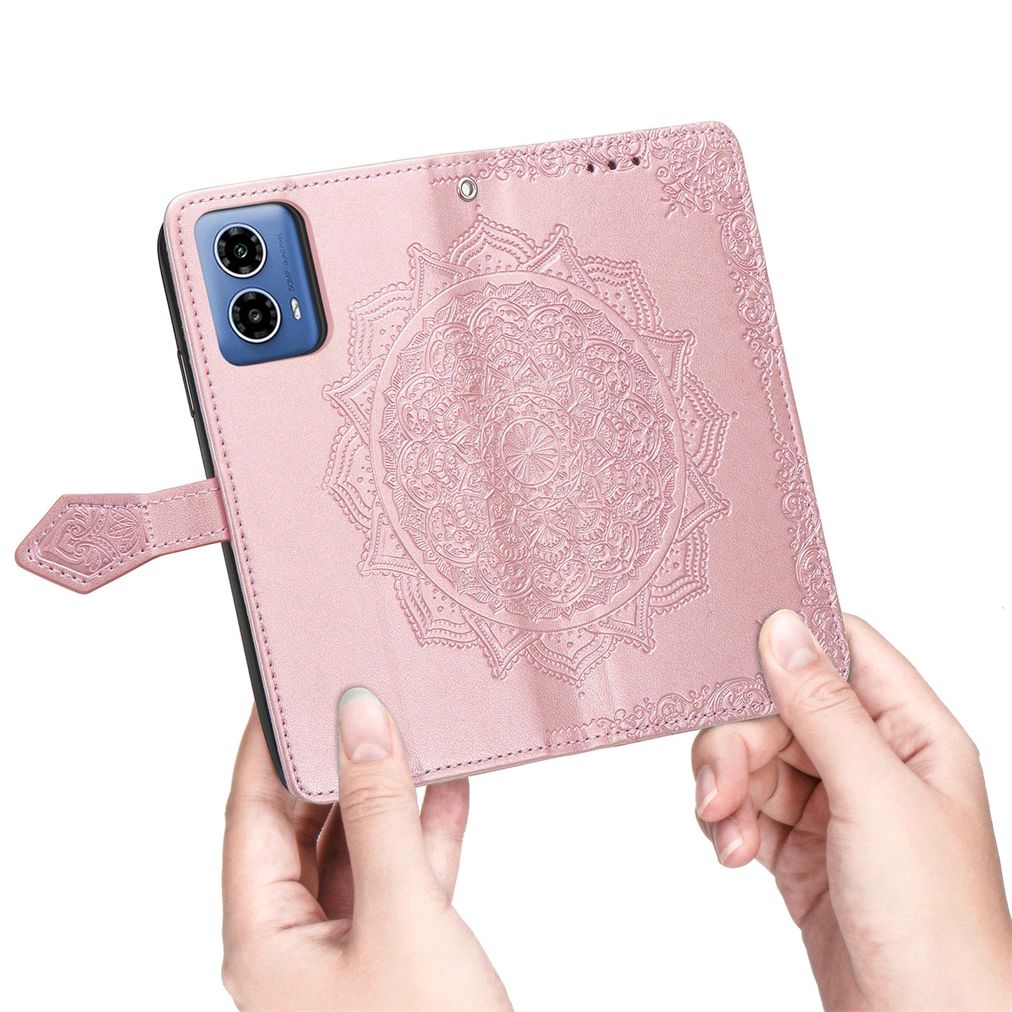 For Motorola Moto G34 5G Cell Phone Cover Emboss Mandala Flower PU Leather Wallet Case - Rose Gold