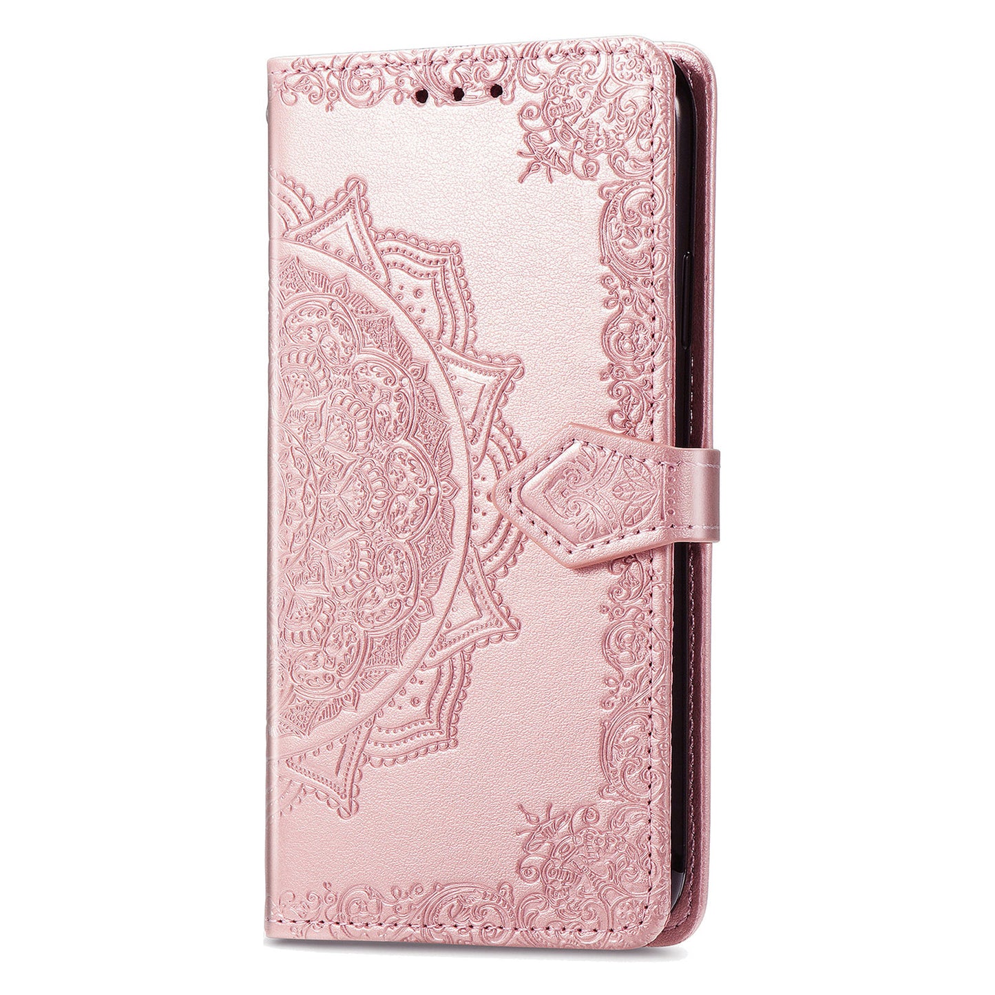For Motorola Moto G34 5G Cell Phone Cover Emboss Mandala Flower PU Leather Wallet Case - Rose Gold