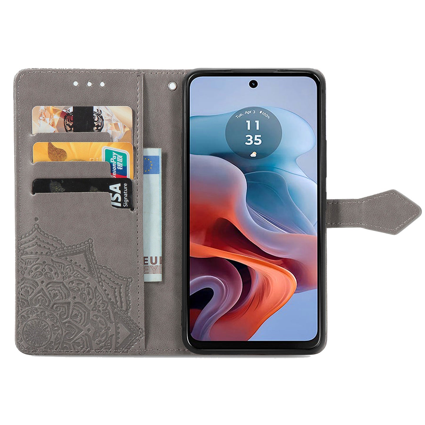 For Motorola Moto G34 5G Cell Phone Cover Emboss Mandala Flower PU Leather Wallet Case - Grey