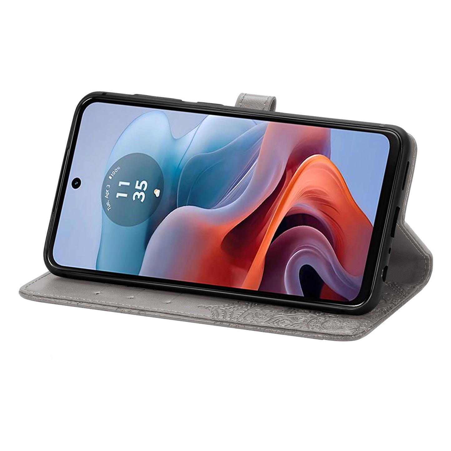 For Motorola Moto G34 5G Cell Phone Cover Emboss Mandala Flower PU Leather Wallet Case - Grey