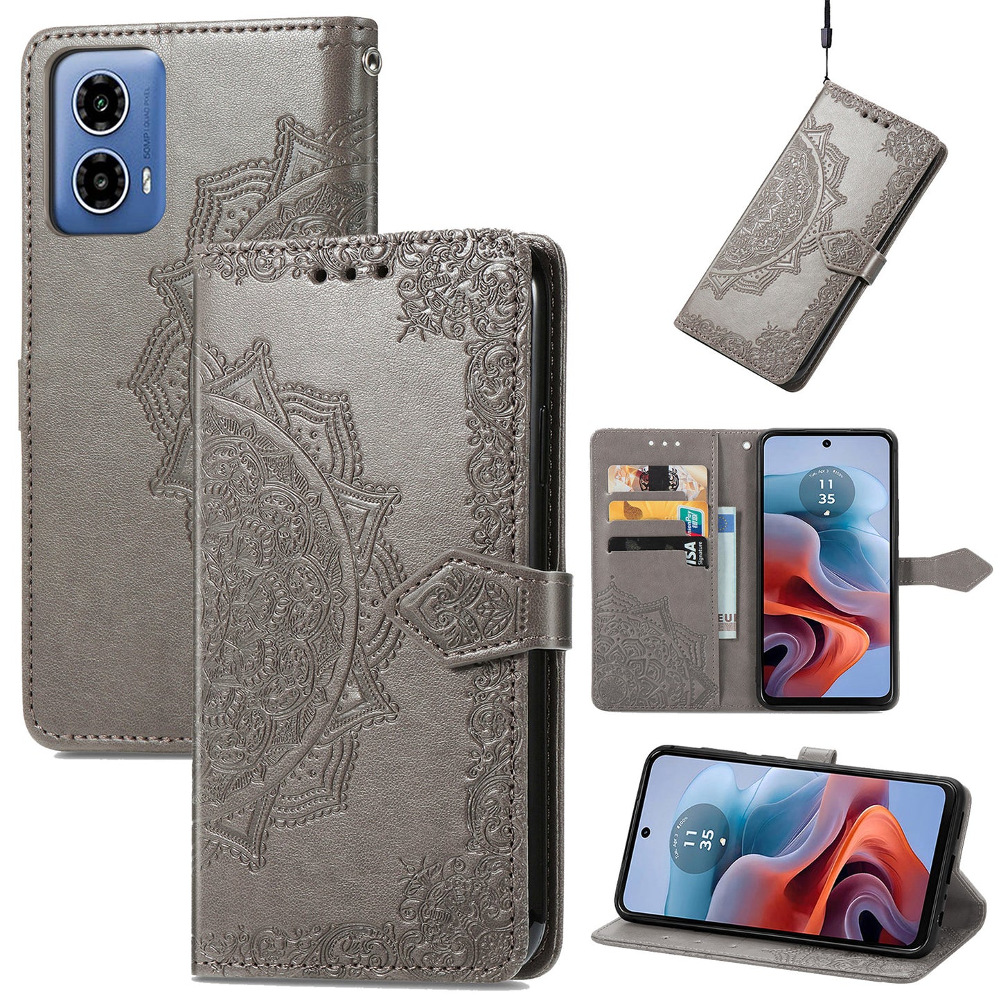 For Motorola Moto G34 5G Cell Phone Cover Emboss Mandala Flower PU Leather Wallet Case - Grey