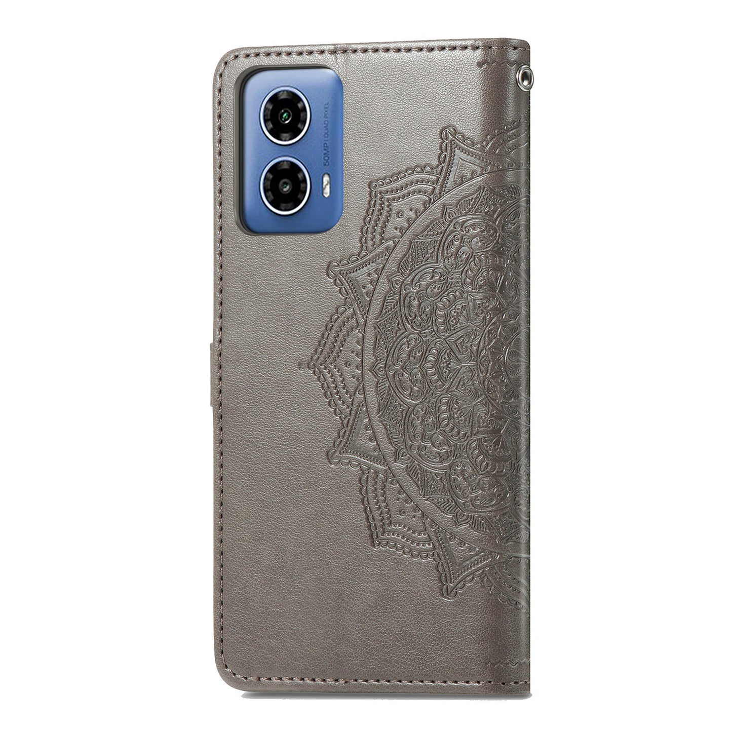 For Motorola Moto G34 5G Cell Phone Cover Emboss Mandala Flower PU Leather Wallet Case - Grey