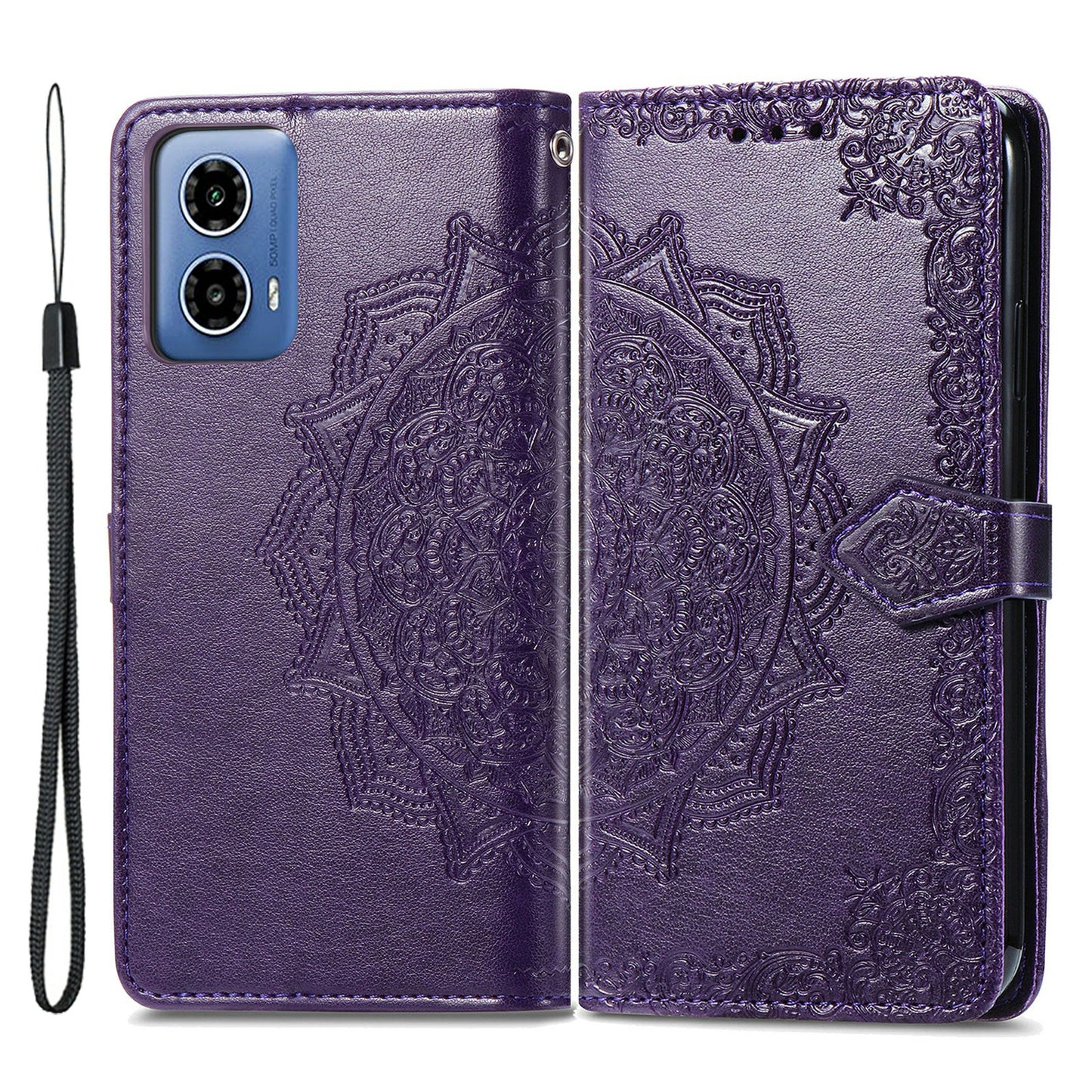 For Motorola Moto G34 5G Cell Phone Cover Emboss Mandala Flower PU Leather Wallet Case - Purple
