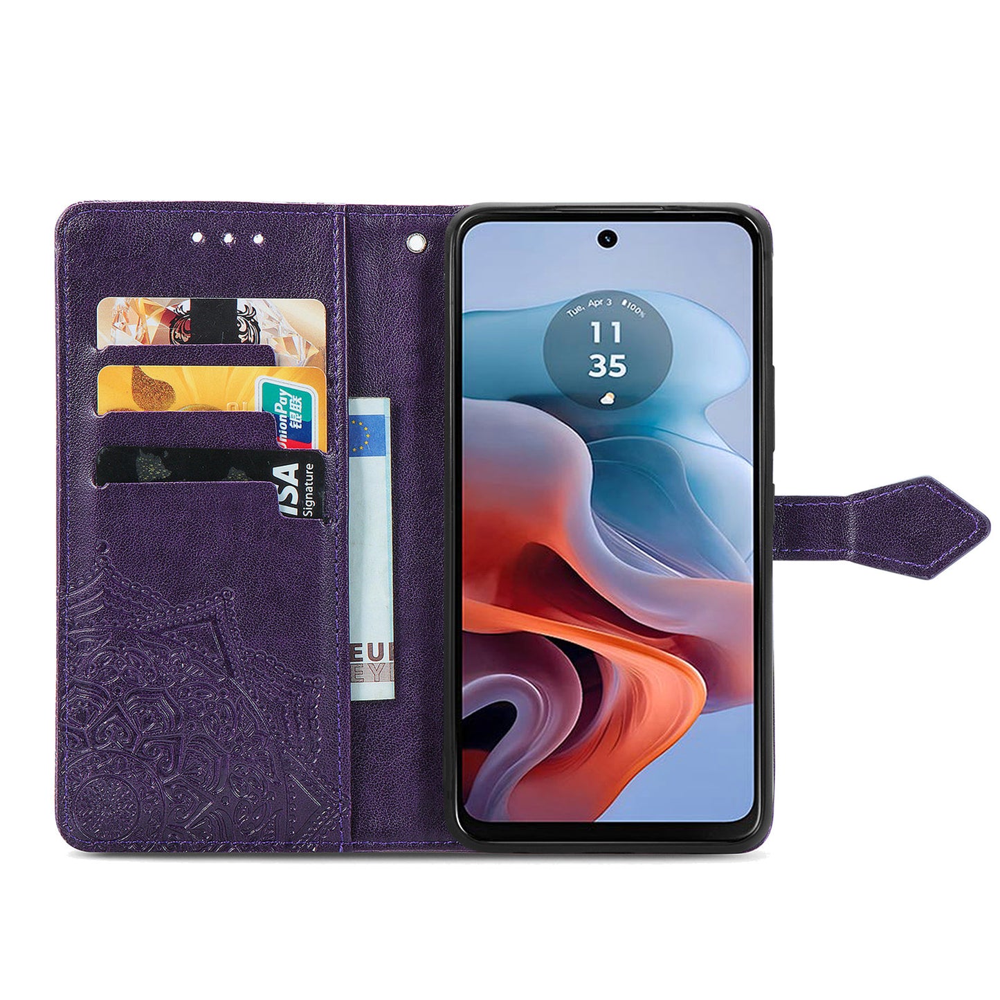 For Motorola Moto G34 5G Cell Phone Cover Emboss Mandala Flower PU Leather Wallet Case - Purple