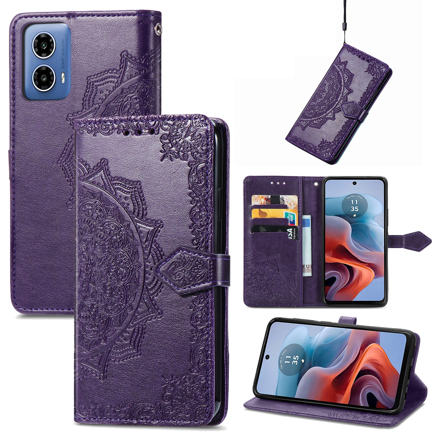 For Motorola Moto G34 5G Cell Phone Cover Emboss Mandala Flower PU Leather Wallet Case - Purple