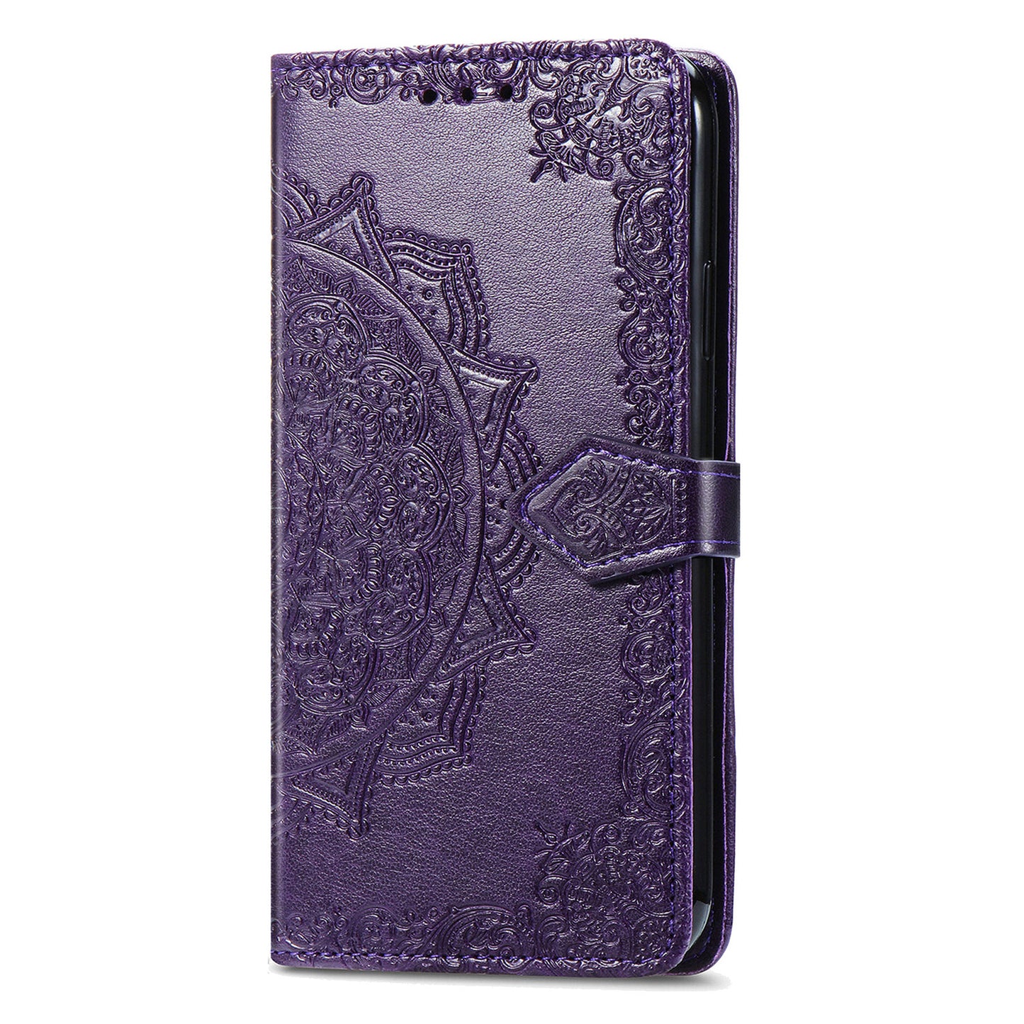 For Motorola Moto G34 5G Cell Phone Cover Emboss Mandala Flower PU Leather Wallet Case - Purple