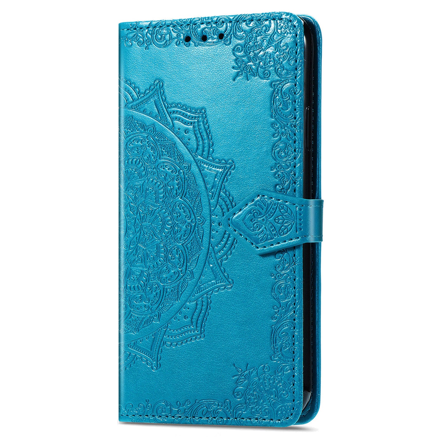 For Motorola Moto G34 5G Cell Phone Cover Emboss Mandala Flower PU Leather Wallet Case - Blue