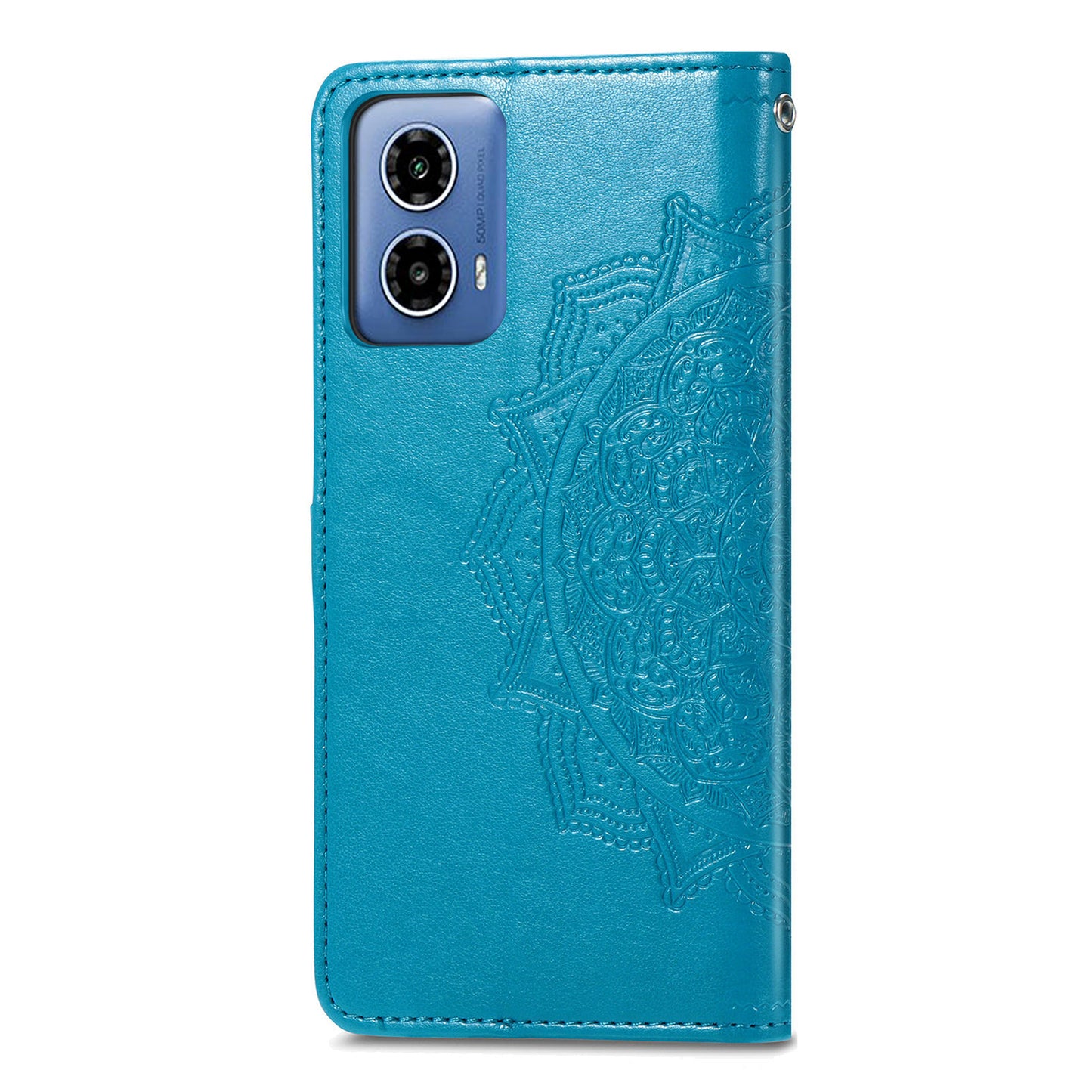 For Motorola Moto G34 5G Cell Phone Cover Emboss Mandala Flower PU Leather Wallet Case - Blue