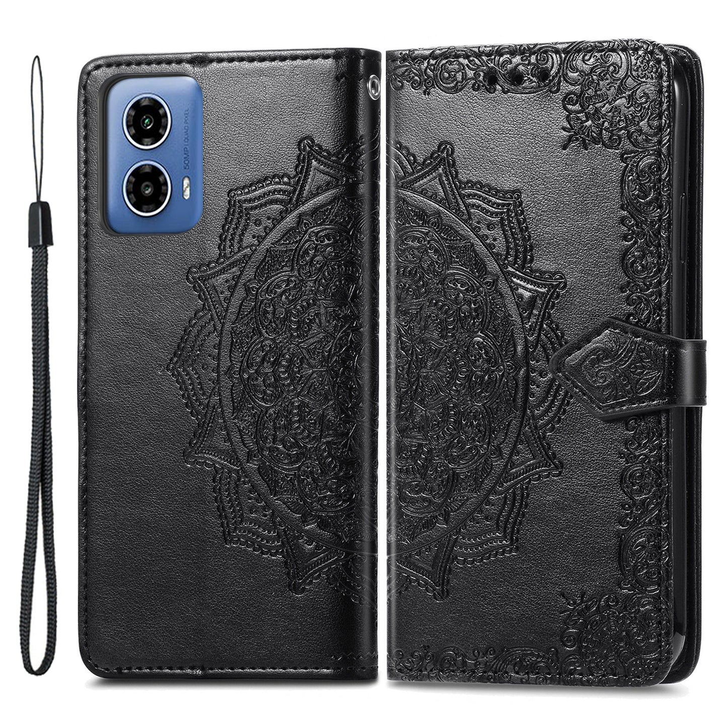 For Motorola Moto G34 5G Cell Phone Cover Emboss Mandala Flower PU Leather Wallet Case - Black