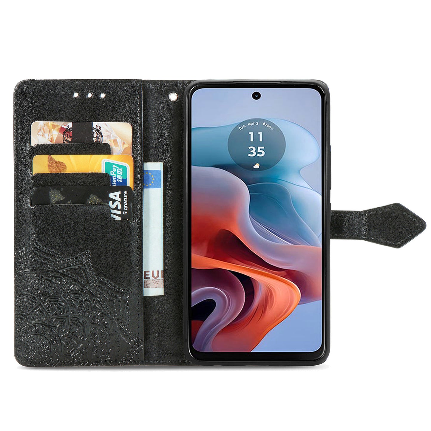 For Motorola Moto G34 5G Cell Phone Cover Emboss Mandala Flower PU Leather Wallet Case - Black