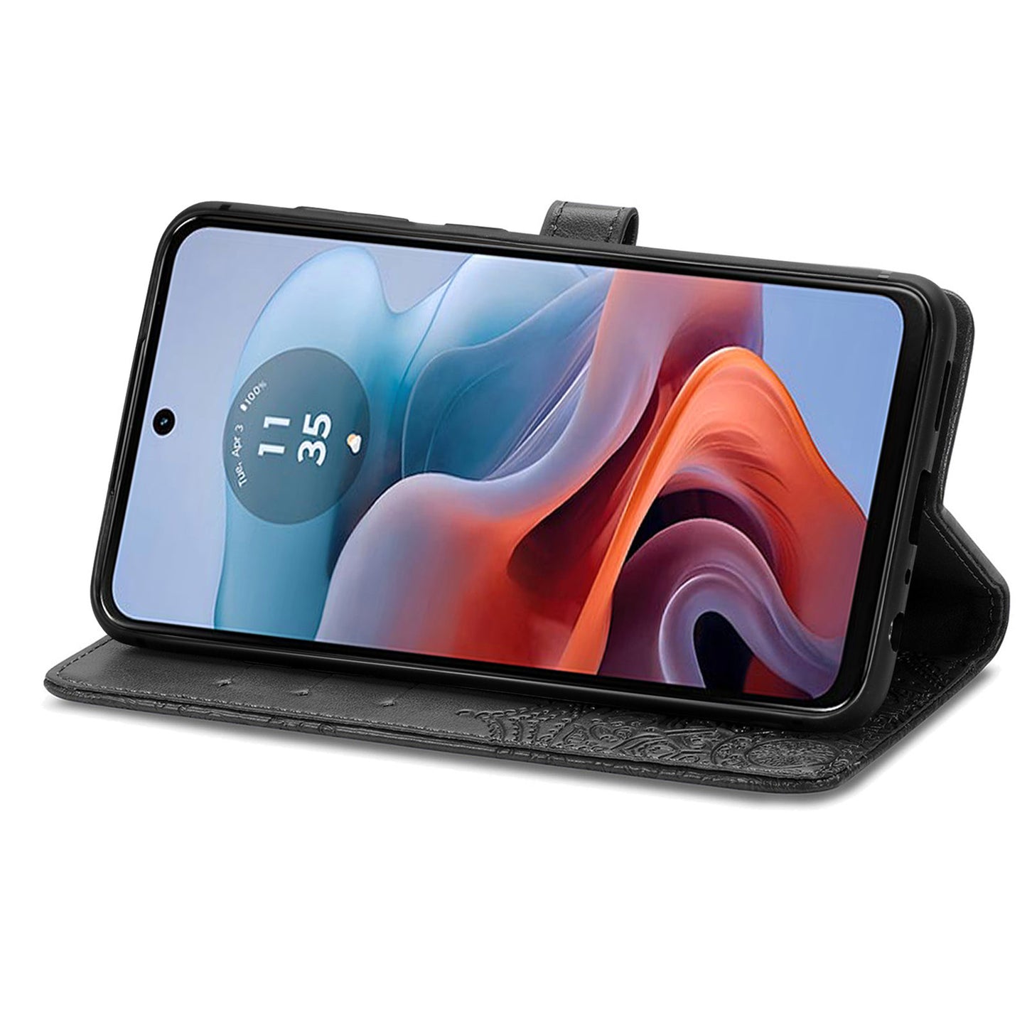 For Motorola Moto G34 5G Cell Phone Cover Emboss Mandala Flower PU Leather Wallet Case - Black