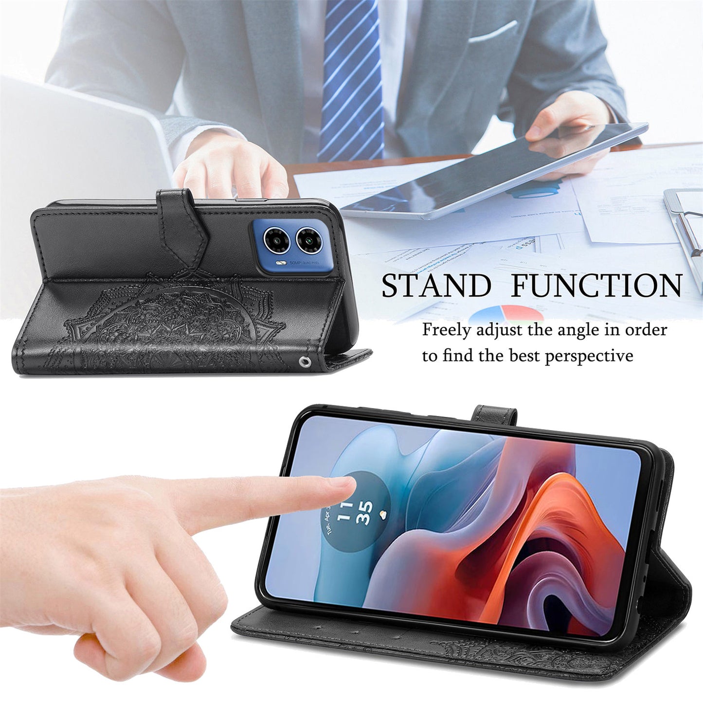 For Motorola Moto G34 5G Cell Phone Cover Emboss Mandala Flower PU Leather Wallet Case - Black