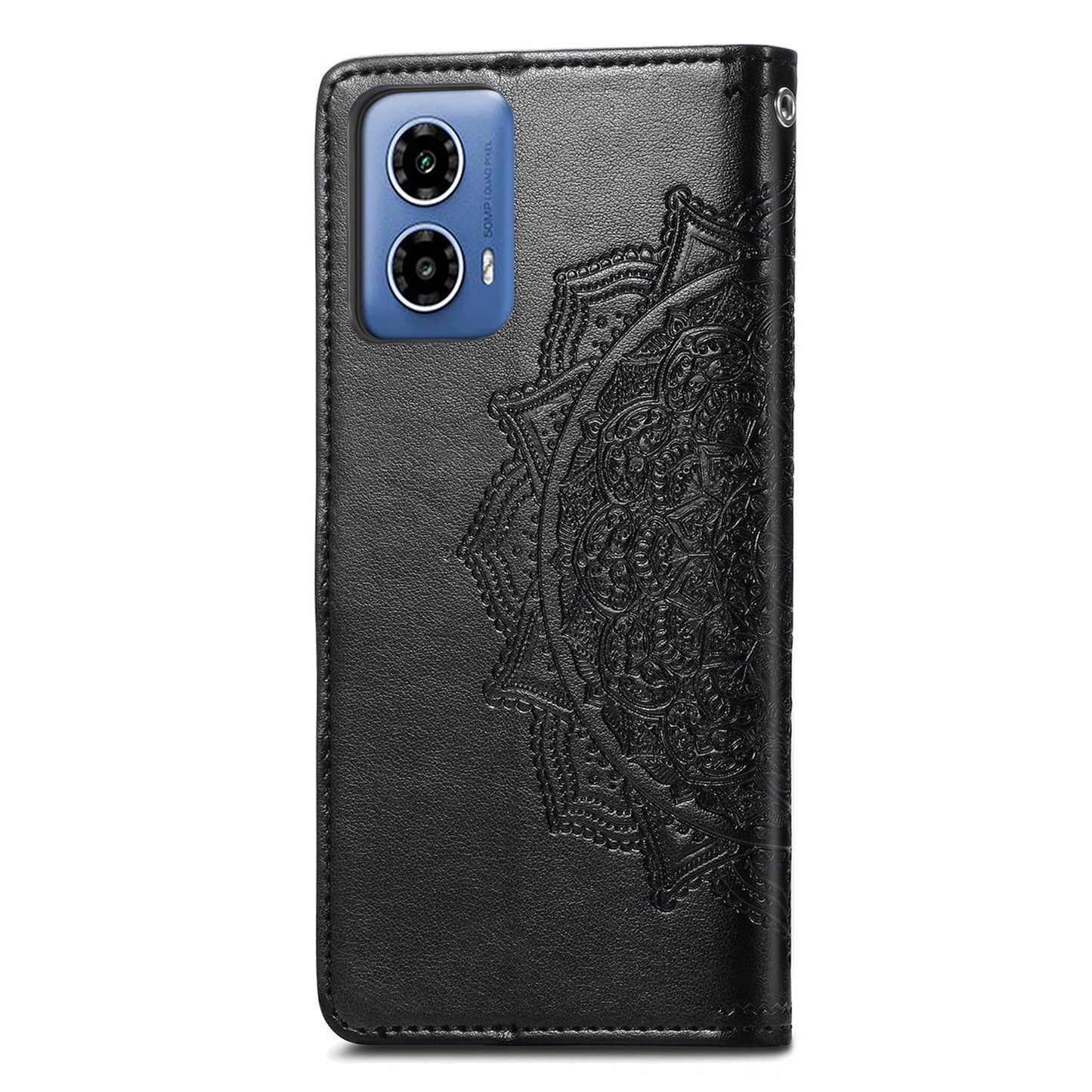 For Motorola Moto G34 5G Cell Phone Cover Emboss Mandala Flower PU Leather Wallet Case - Black