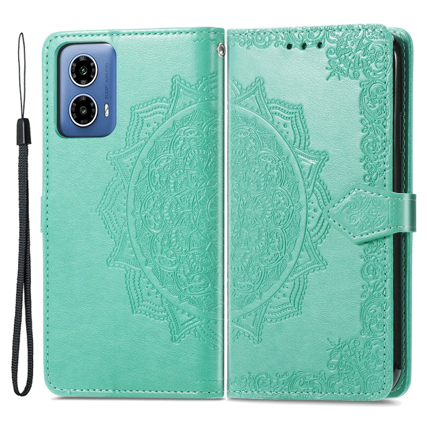 For Motorola Moto G34 5G Cell Phone Cover Emboss Mandala Flower PU Leather Wallet Case - Mint Green
