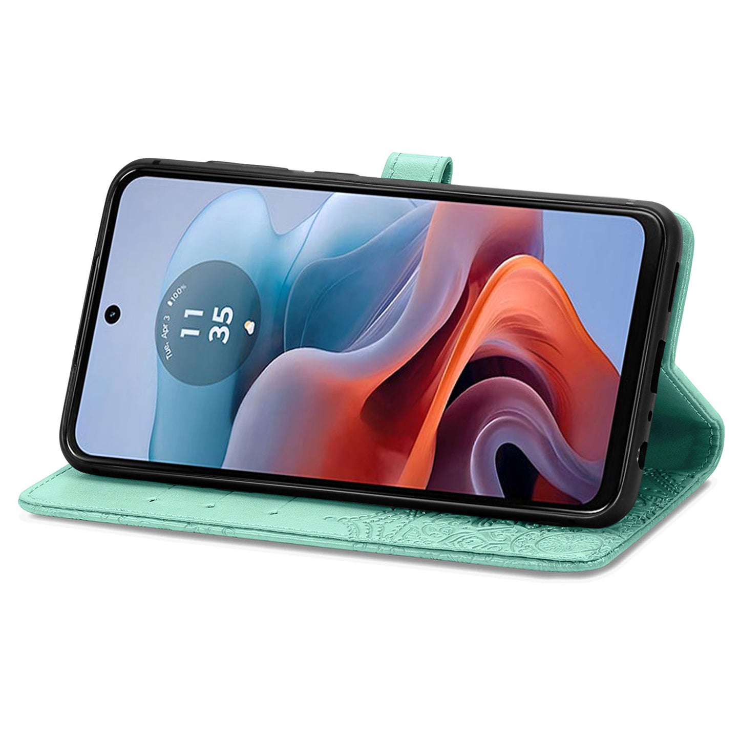 For Motorola Moto G34 5G Cell Phone Cover Emboss Mandala Flower PU Leather Wallet Case - Mint Green