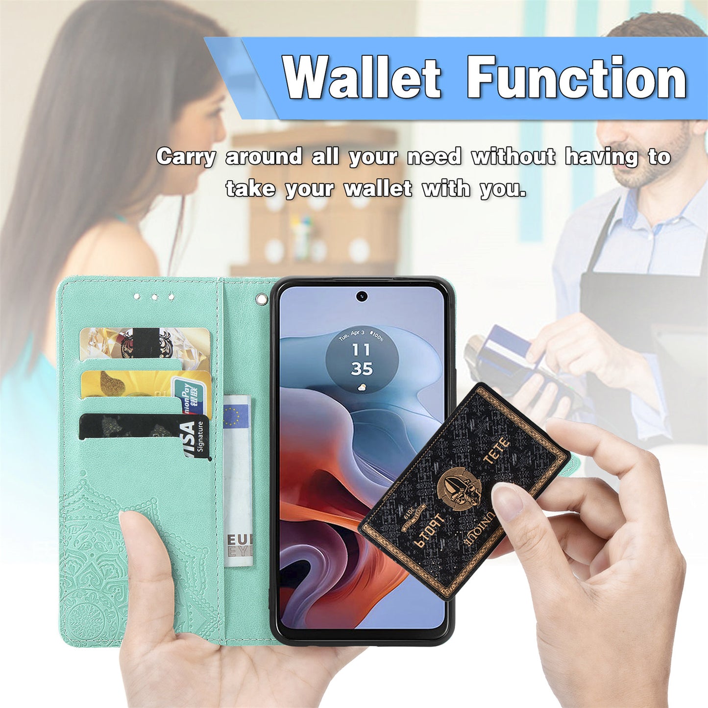 For Motorola Moto G34 5G Cell Phone Cover Emboss Mandala Flower PU Leather Wallet Case - Mint Green