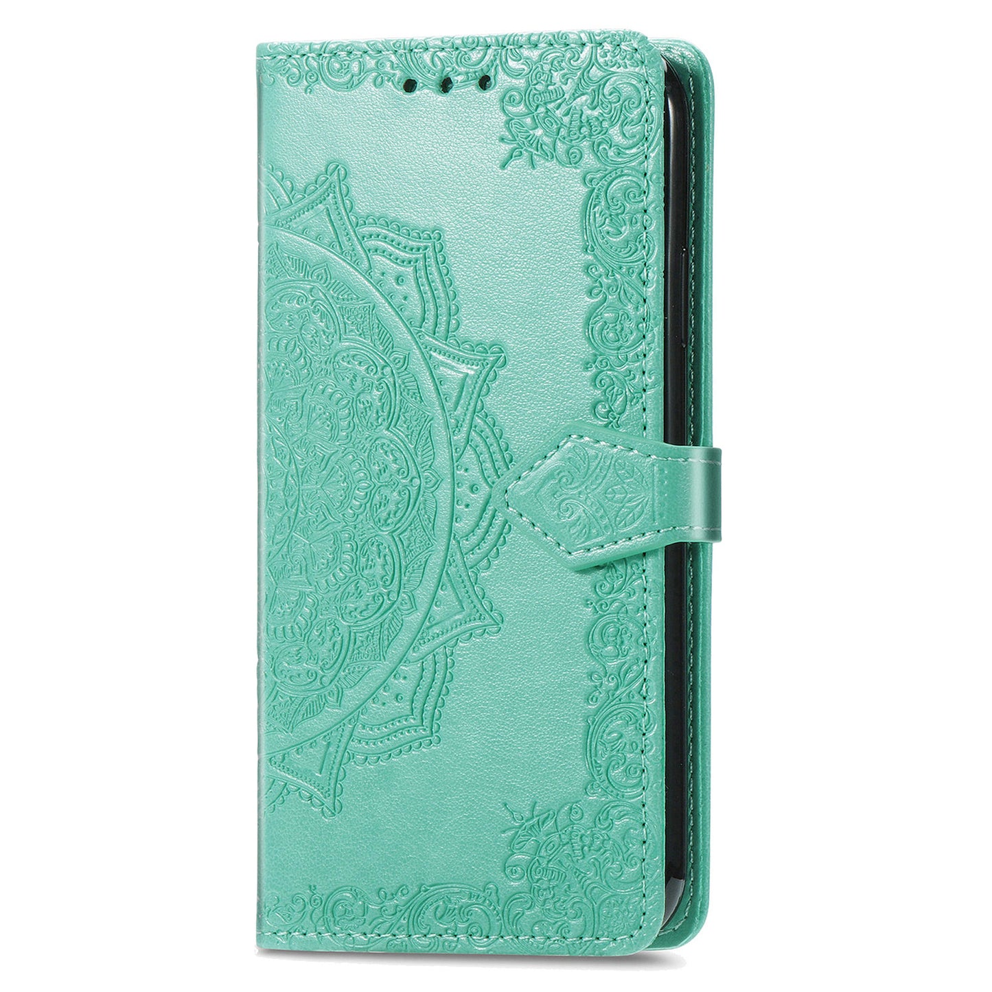 For Motorola Moto G34 5G Cell Phone Cover Emboss Mandala Flower PU Leather Wallet Case - Mint Green