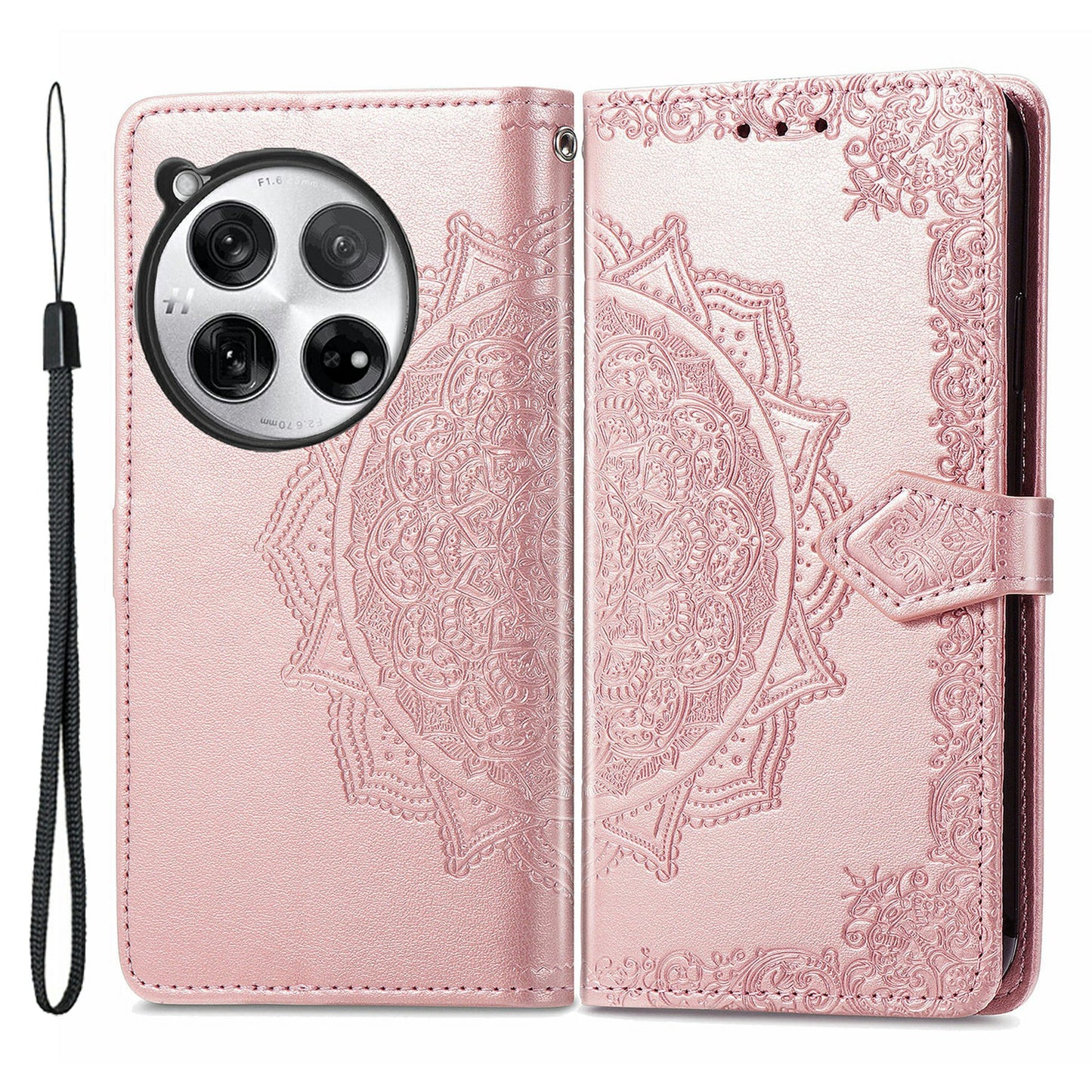 For OnePlus 12 5G Anti-scratch Phone Cover Emboss Mandala Flower Leather Wallet Case - Rose Gold